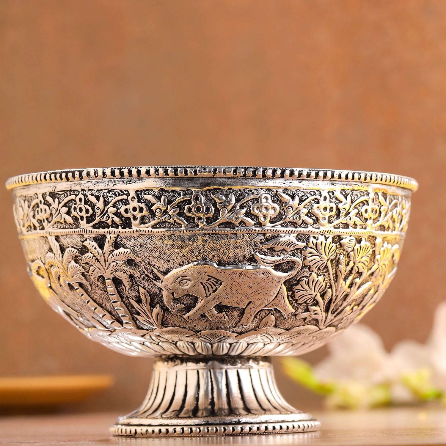 Brass Silver Plated Decorative Basket with Floral Design (4.8 Inch)