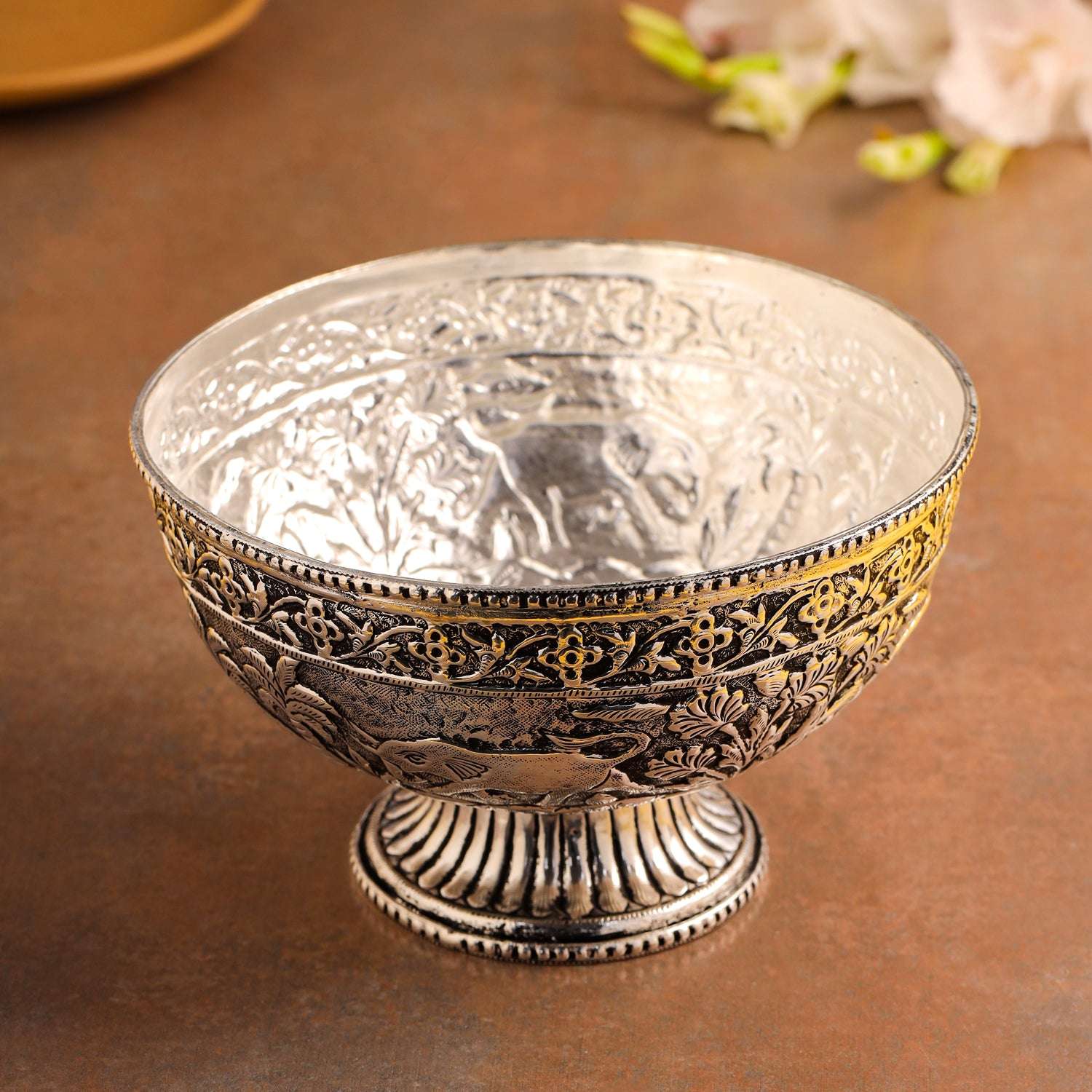 Brass Silver Plated Decorative Basket with Floral Design (4.8 Inch) - Image 8