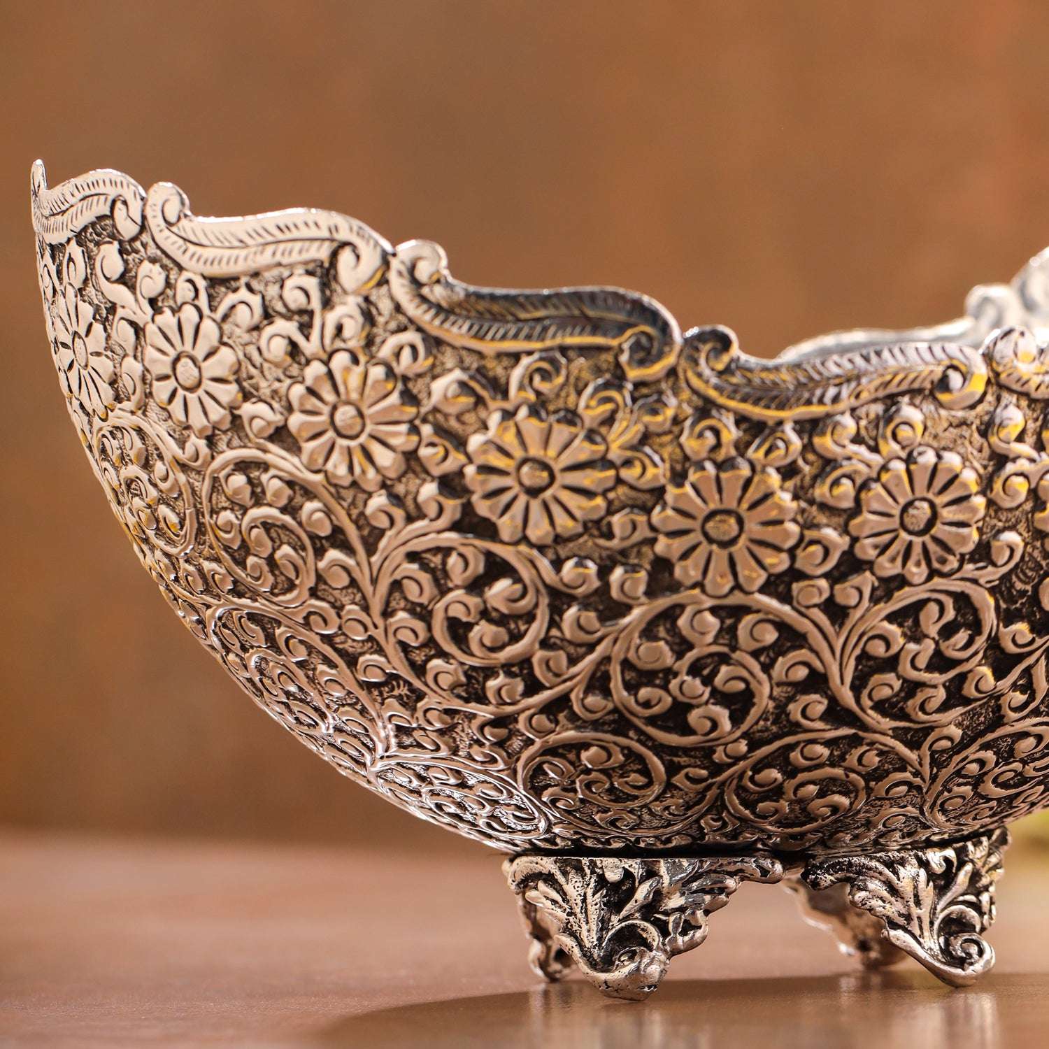 Brass Silver Plated Decorative Basket with Floral Design (5.3 Inch) - Image 3