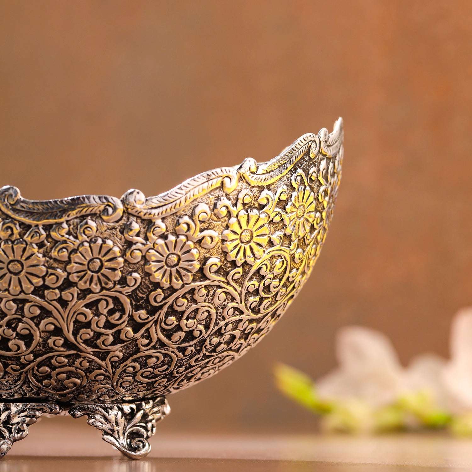 Brass Silver Plated Decorative Basket with Floral Design (5.3 Inch) - Image 4