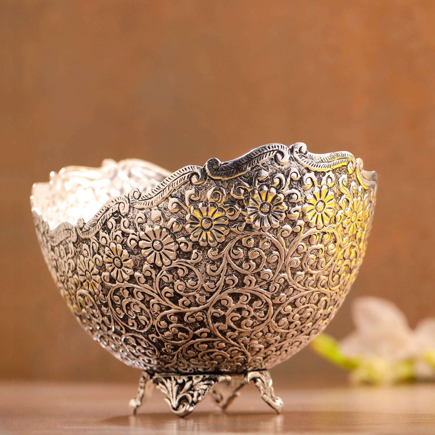 Brass Silver Plated Decorative Basket with Floral Design (5.3 Inch) - Image 5