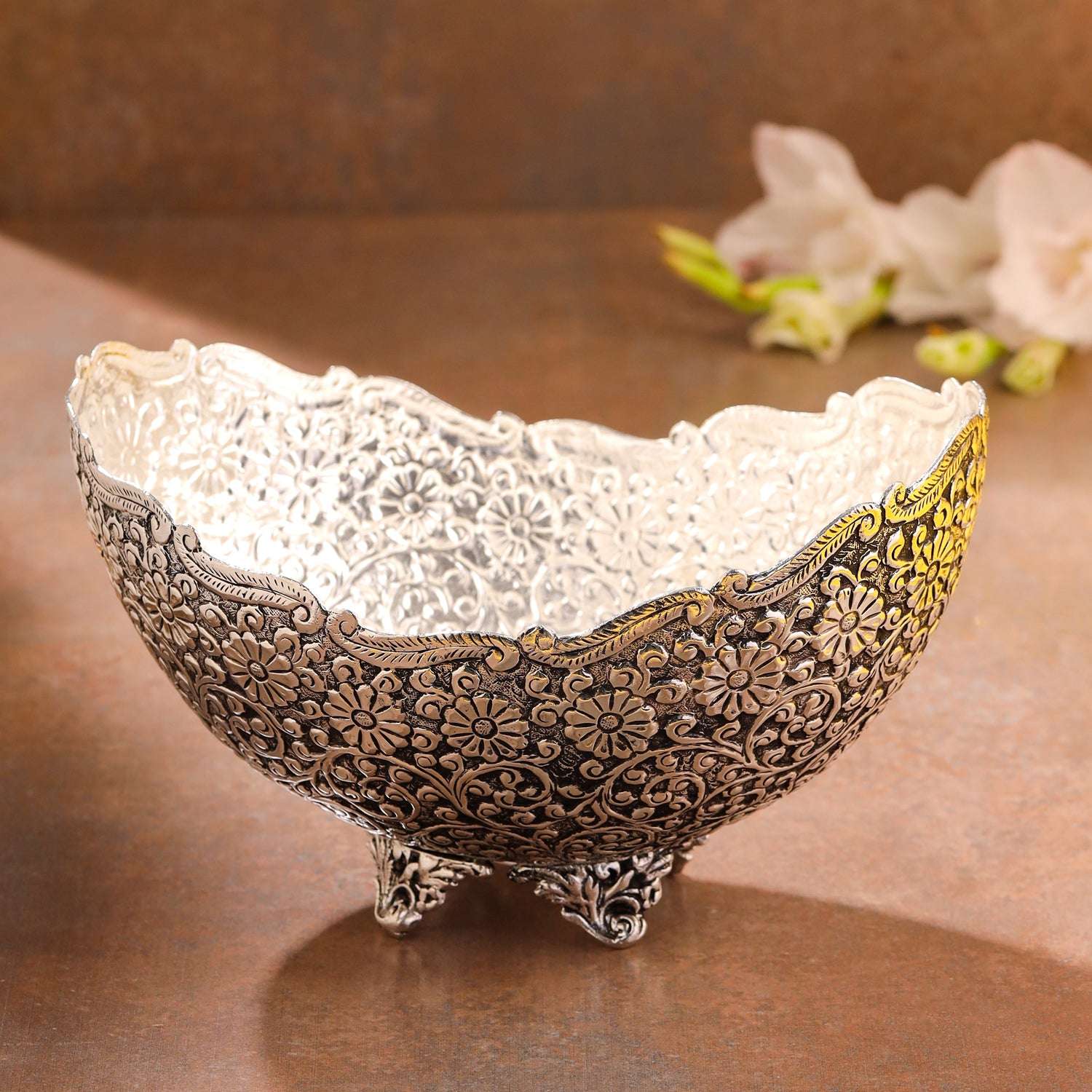 Brass Silver Plated Decorative Basket with Floral Design (5.3 Inch) - Image 7