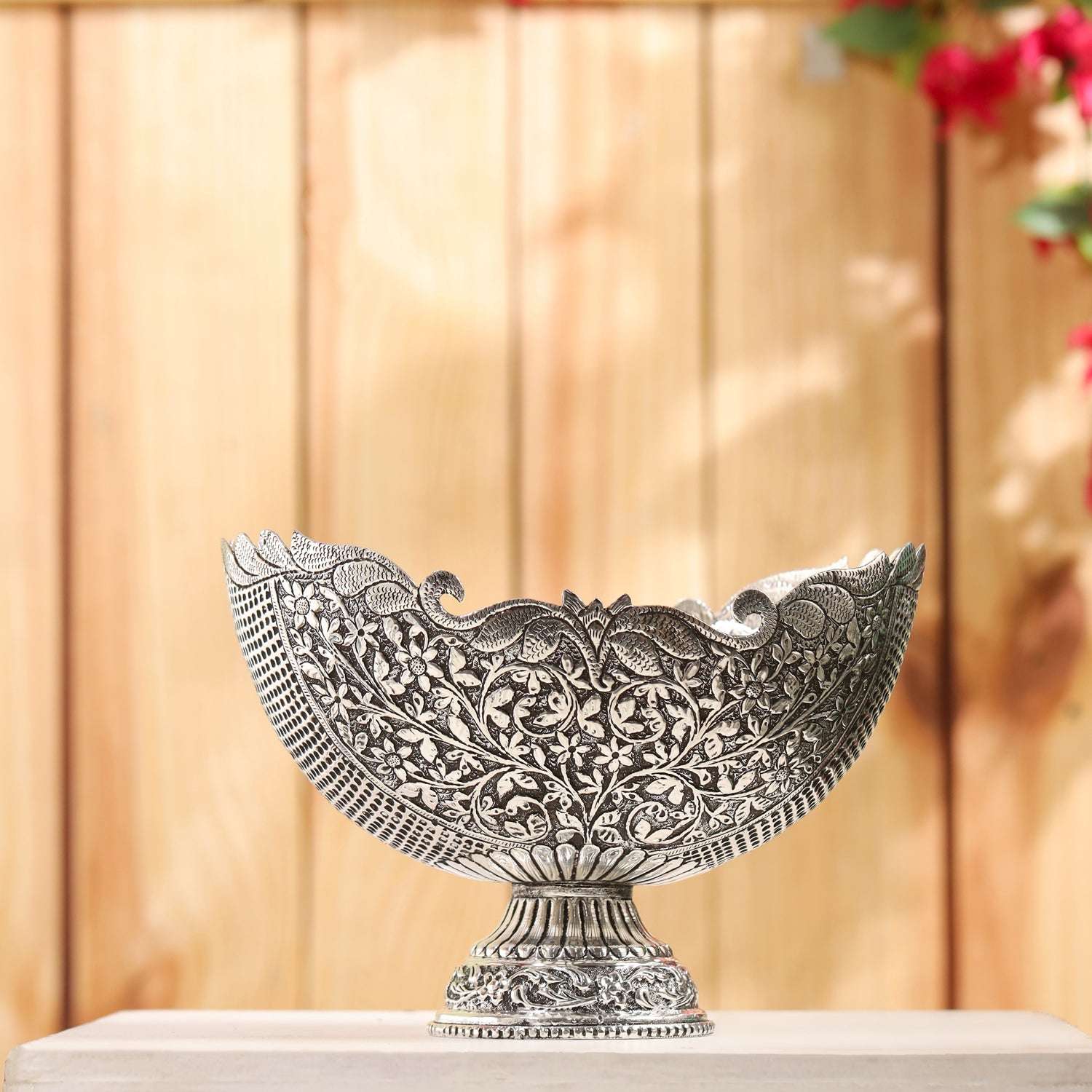 Brass Silver Plated Decorative Basket with Floral Design (7.5 Inch)