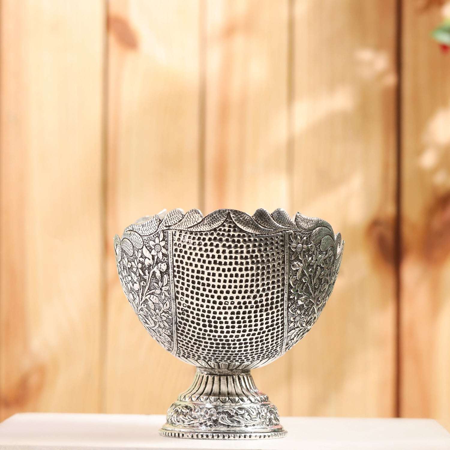 Brass Silver Plated Decorative Basket with Floral Design (7.5 Inch) - Image 5