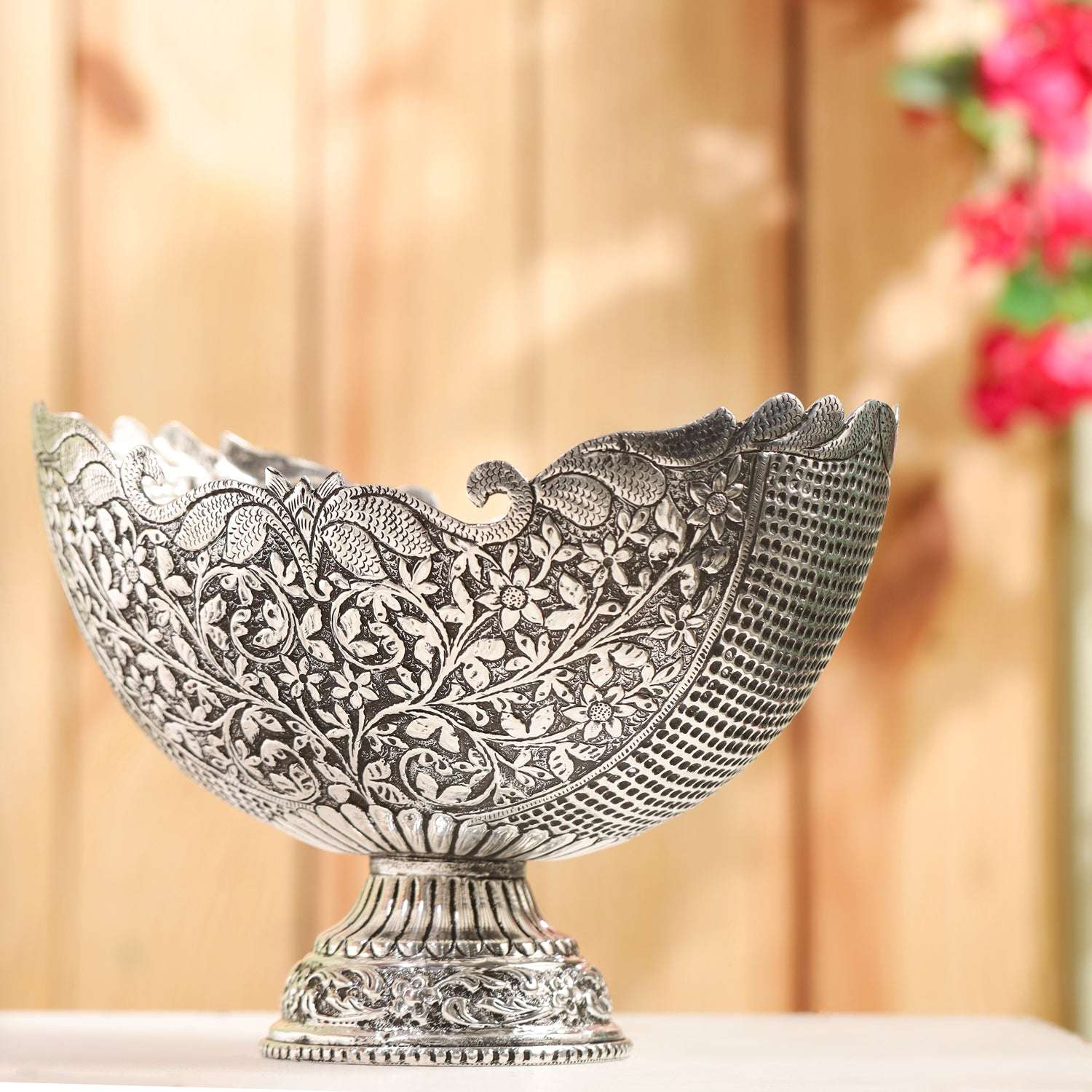 Brass Silver Plated Decorative Basket with Floral Design (7.5 Inch) - Image 7