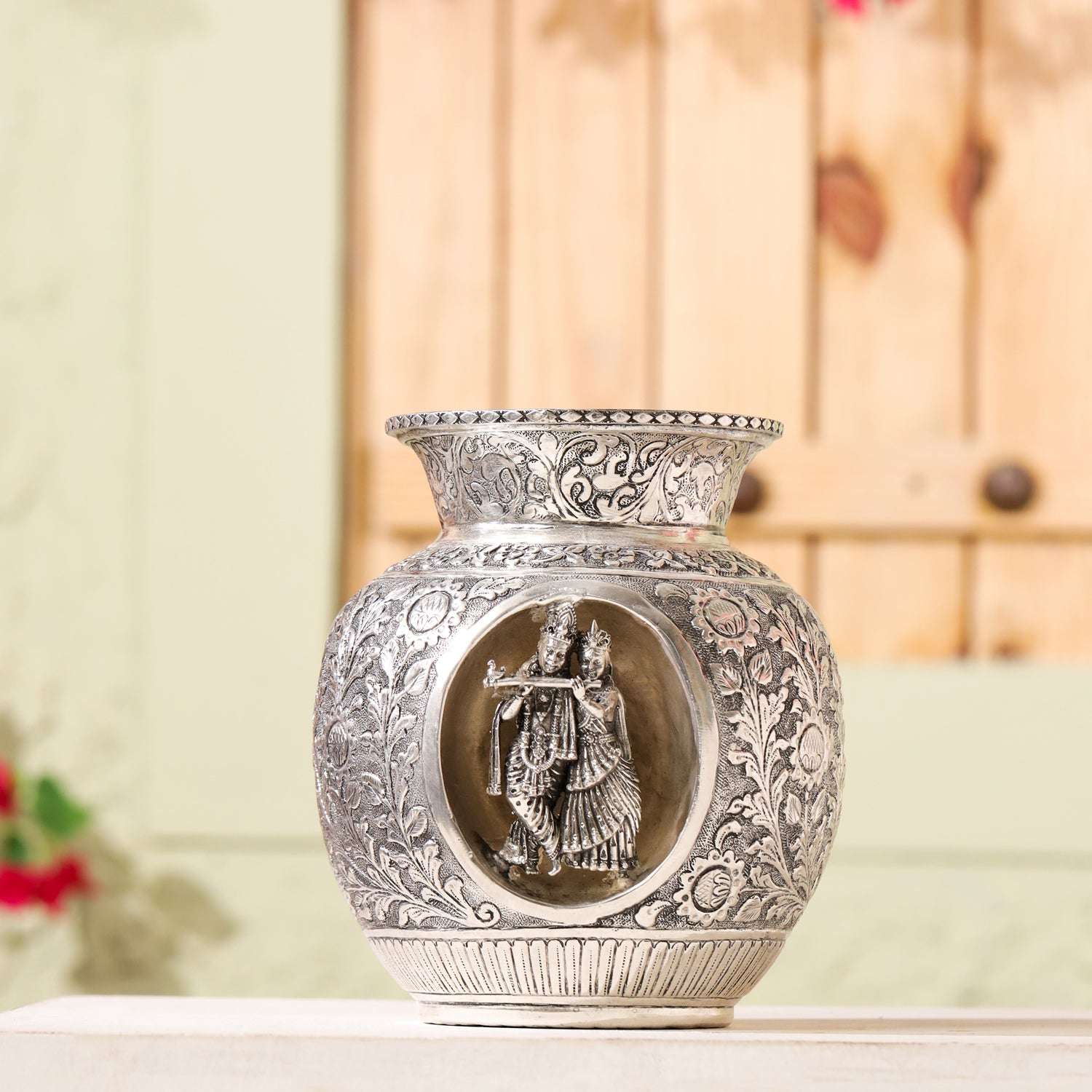 Brass Silver Plated Radha Krishna Kodam / Kalash (8 Inch)