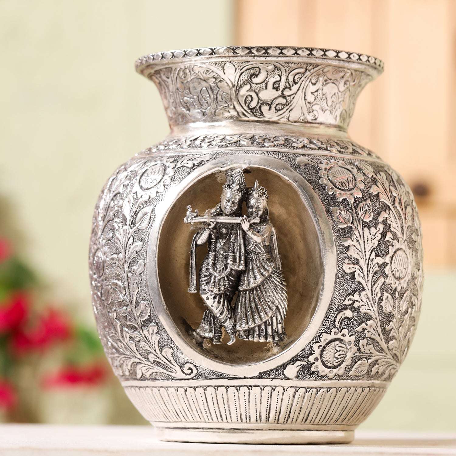 Brass Silver Plated Radha Krishna Kodam / Kalash (8 Inch) - Image 2