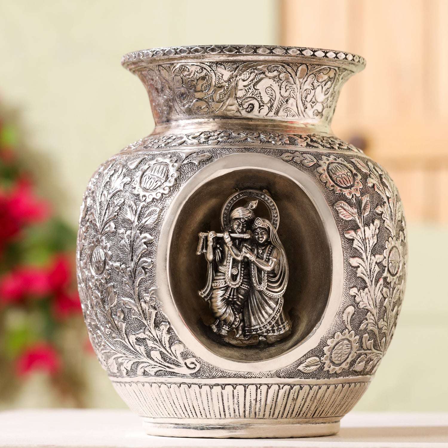 Brass Silver Plated Radha Krishna Kodam / Kalash (8 Inch) - Image 3