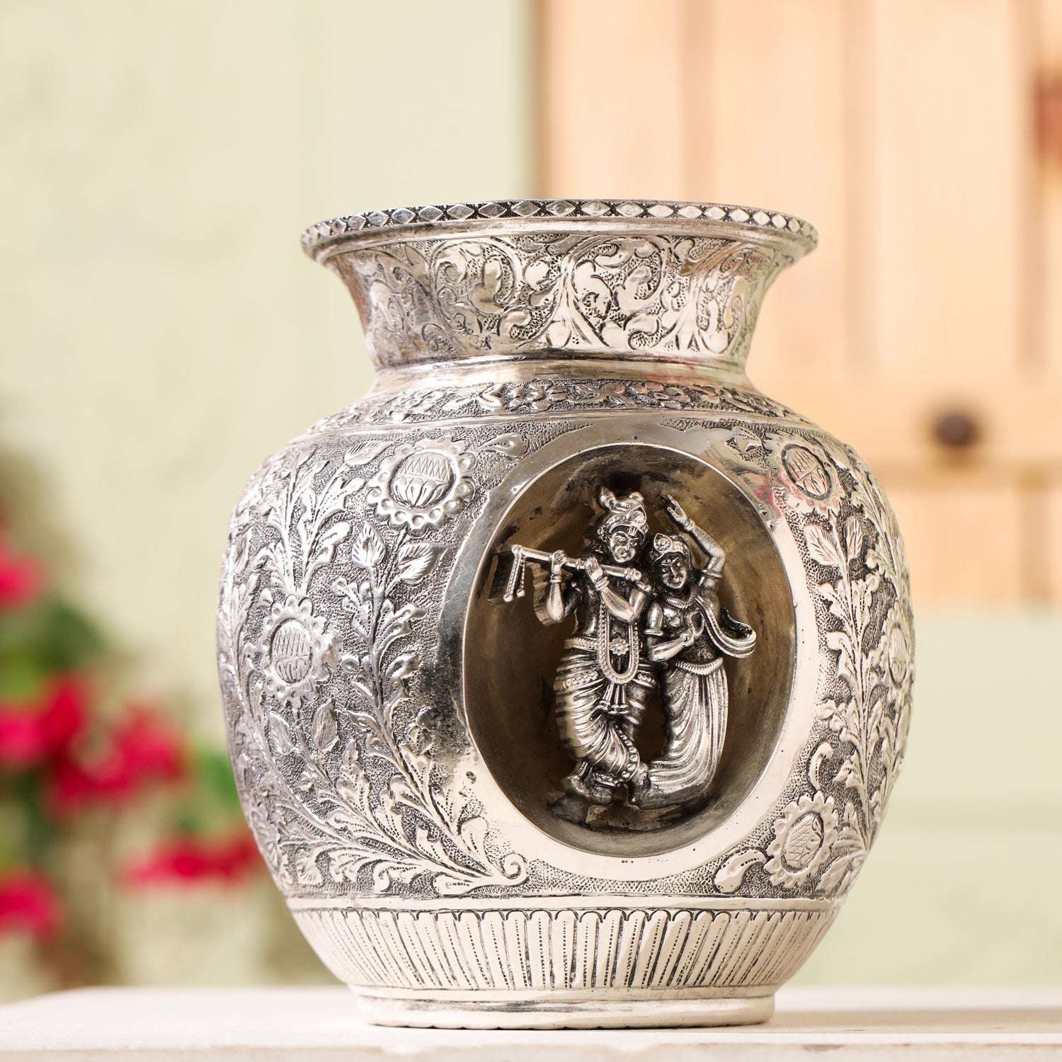 Brass Silver Plated Radha Krishna Kodam / Kalash (8 Inch) - Image 4