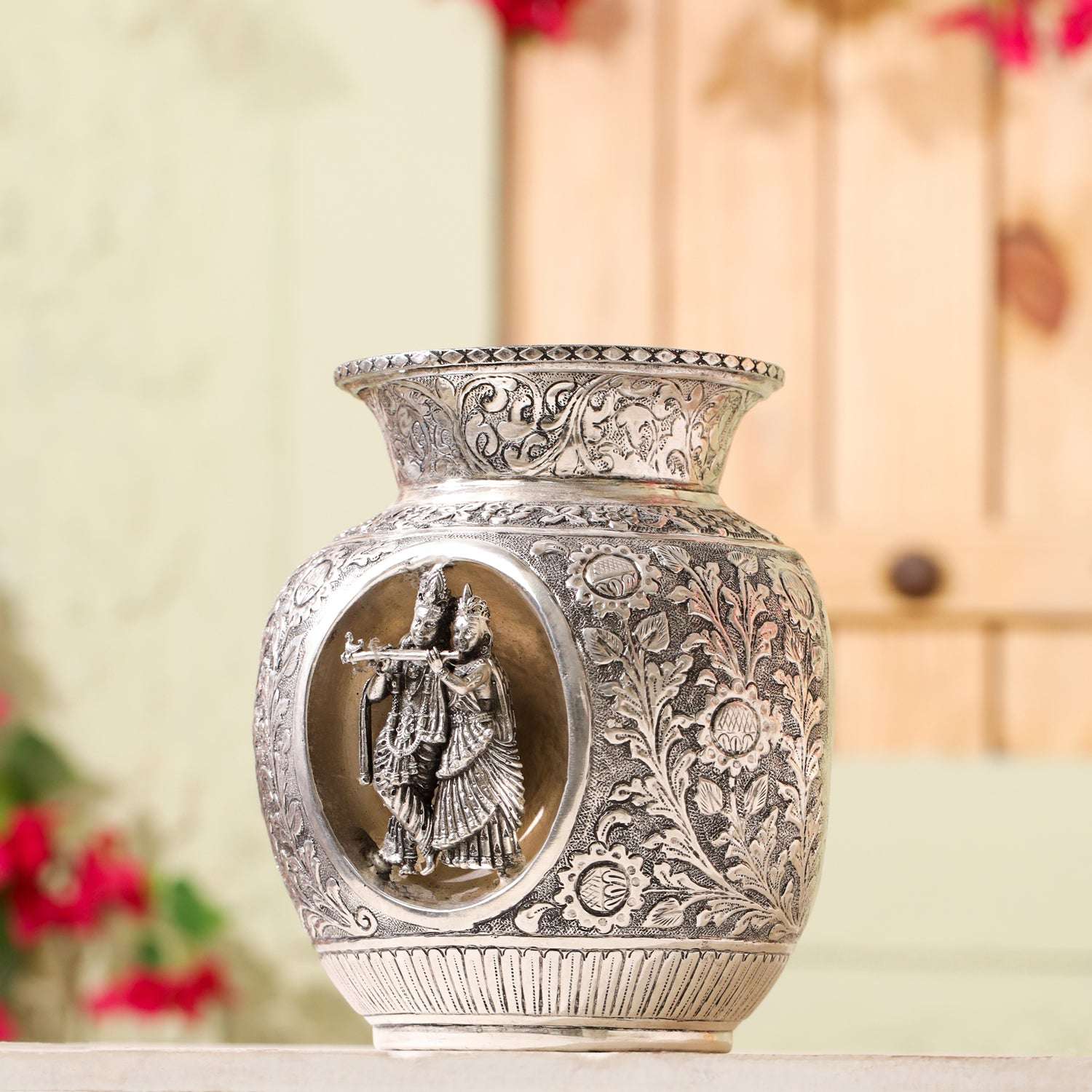 Brass Silver Plated Radha Krishna Kodam / Kalash (8 Inch) - Image 5