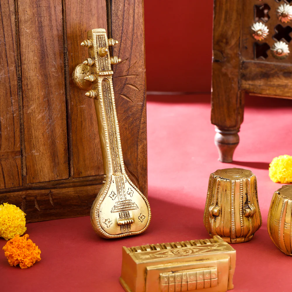 Brass Tabla, Dugi, Sitar And Harmonium Decor Set - Image 2