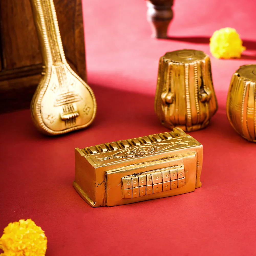 Brass Tabla, Dugi, Sitar And Harmonium Decor Set - Image 3