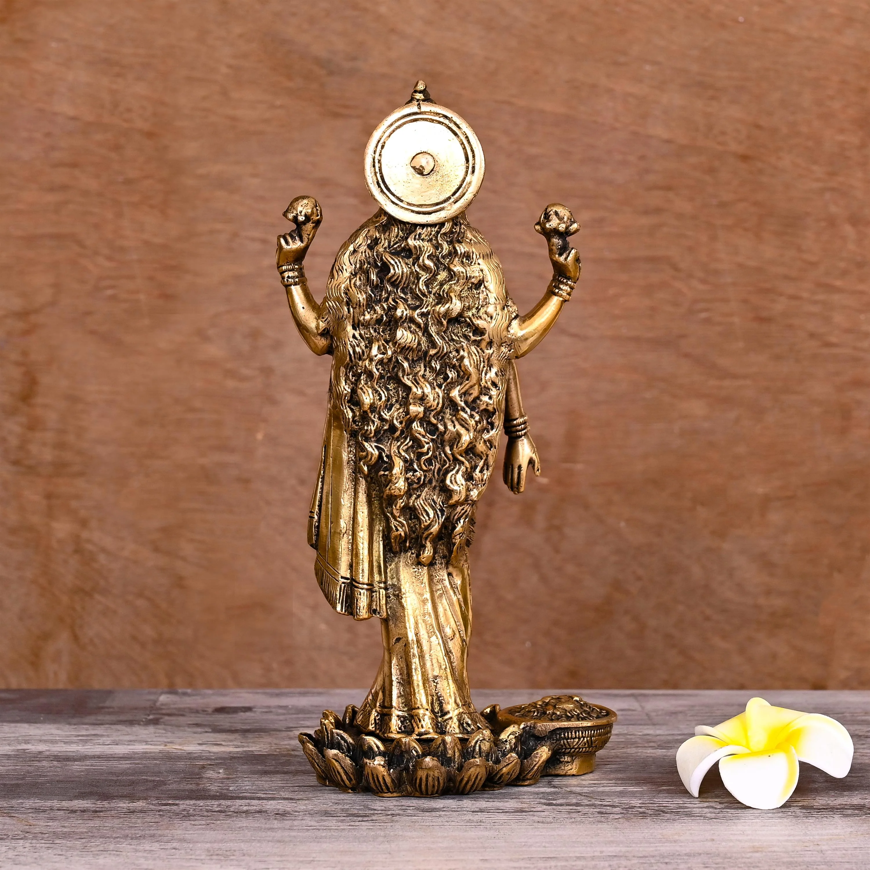 Brass Goddess Standing Lakshmi Idol on lotus (10 Inch) - Image 3