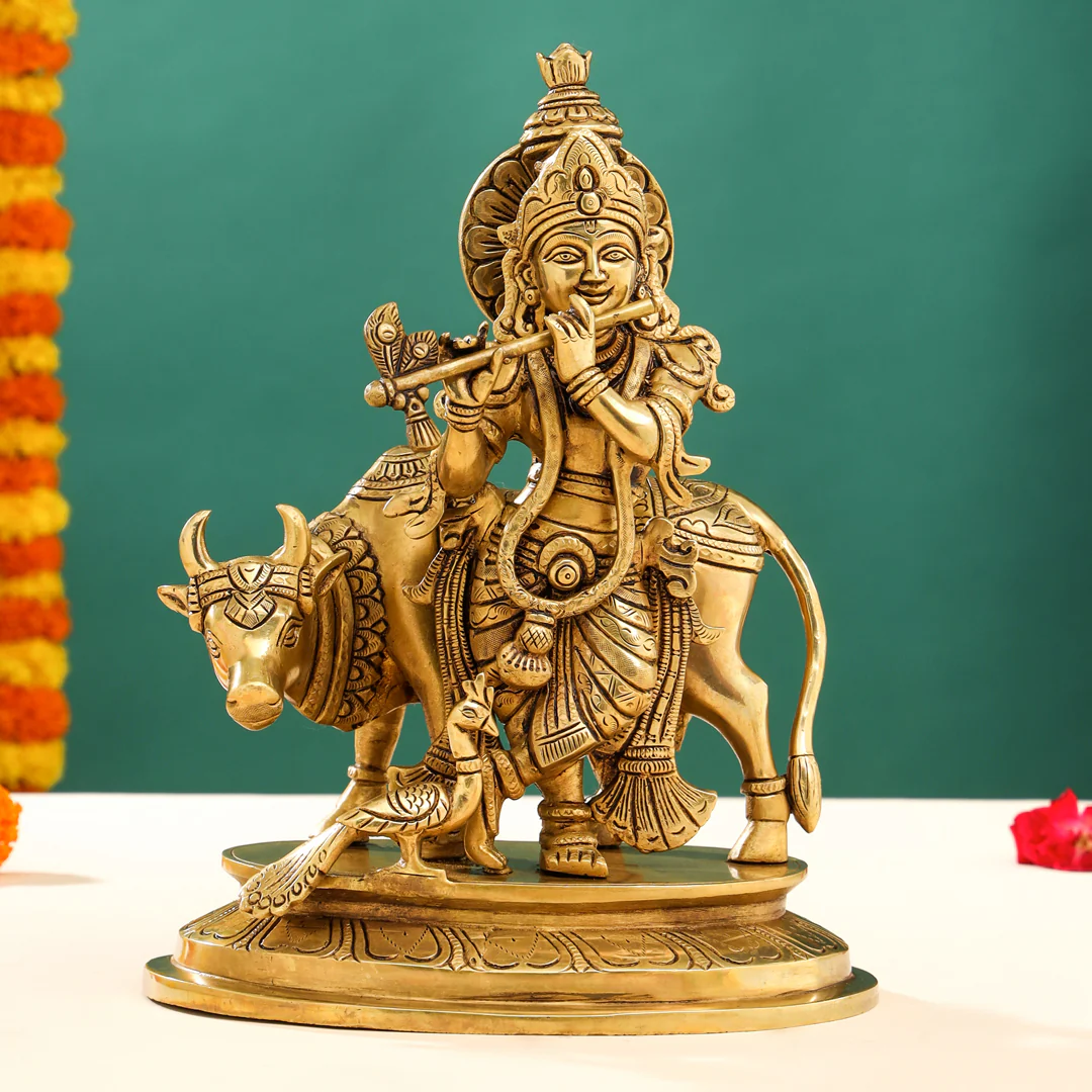 Brass Superfine Standing Lord Krishna With Cow Idol (13 Inch)