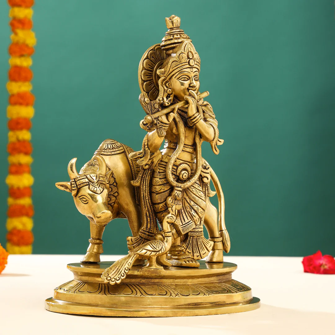 Brass Superfine Standing Lord Krishna With Cow Idol (13 Inch) - Image 3