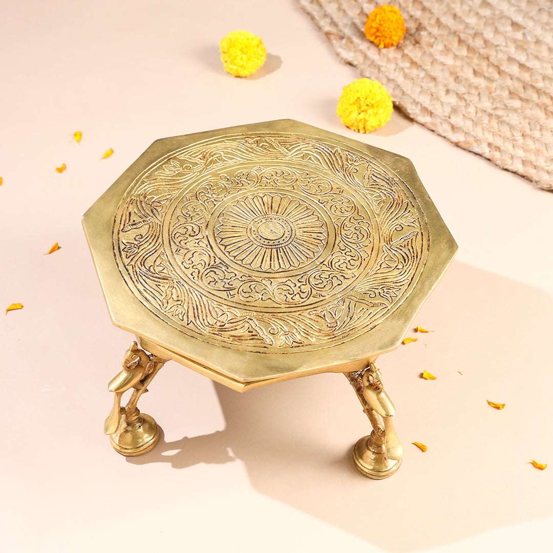 Brass Superfine Chowki With Peacock Pillars (5.5 INCH)