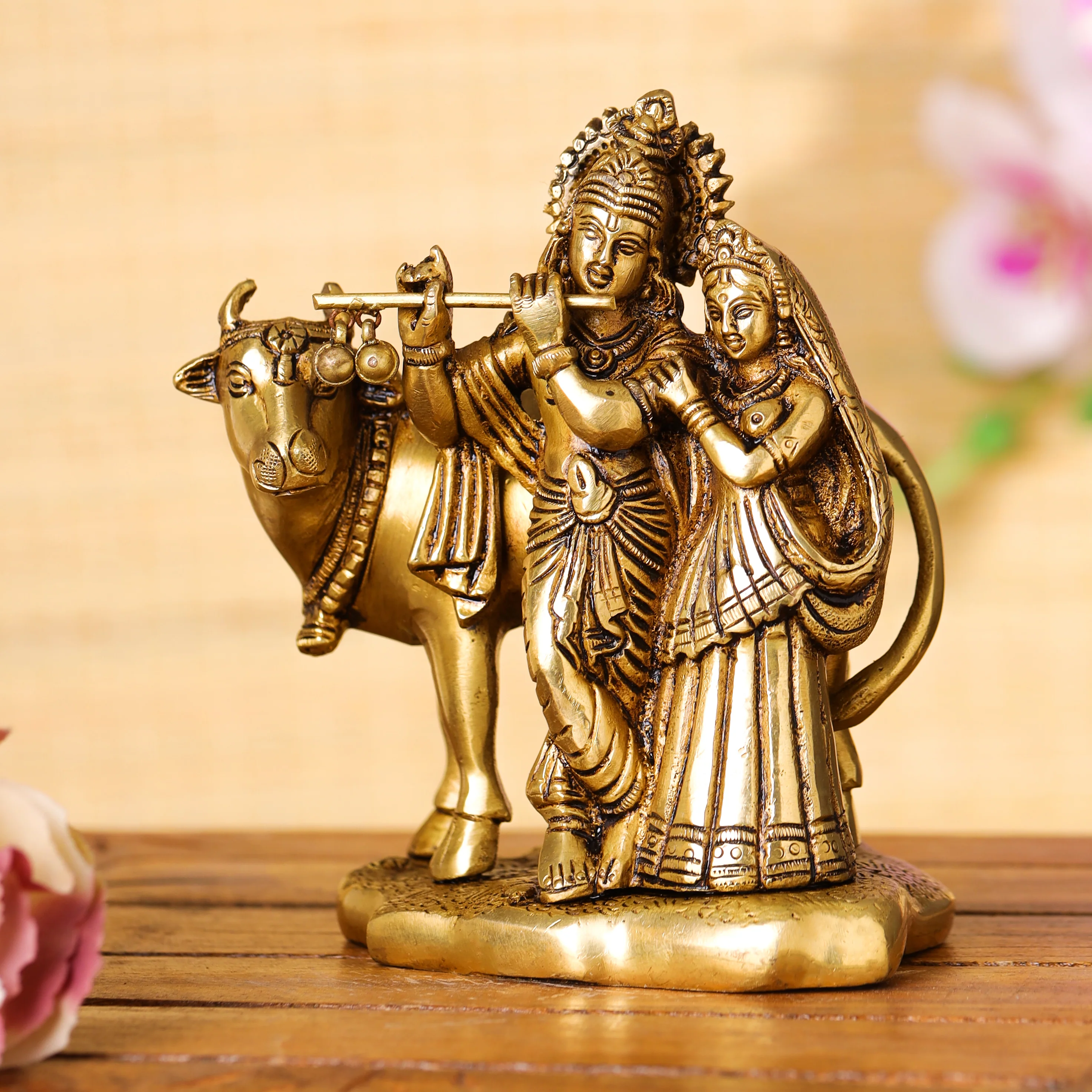 Brass Superfine Standing Radha Krishna With Cow Idol (6 Inch)