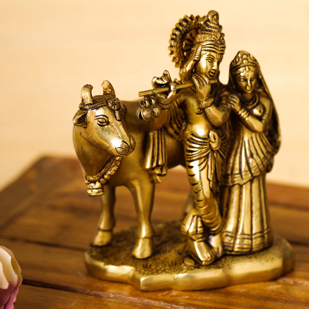 Brass Superfine Standing Radha Krishna With Cow Idol (6 Inch) - Image 2