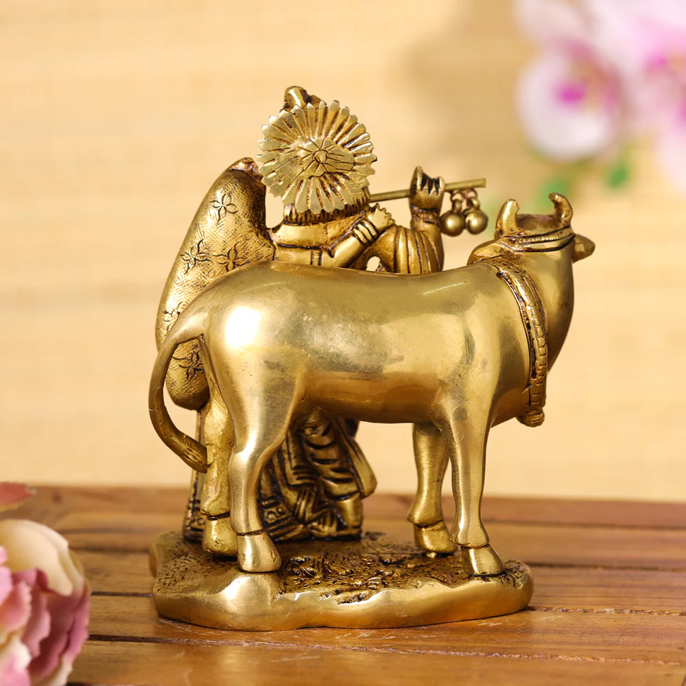 Brass Superfine Standing Radha Krishna With Cow Idol (6 Inch) - Image 3