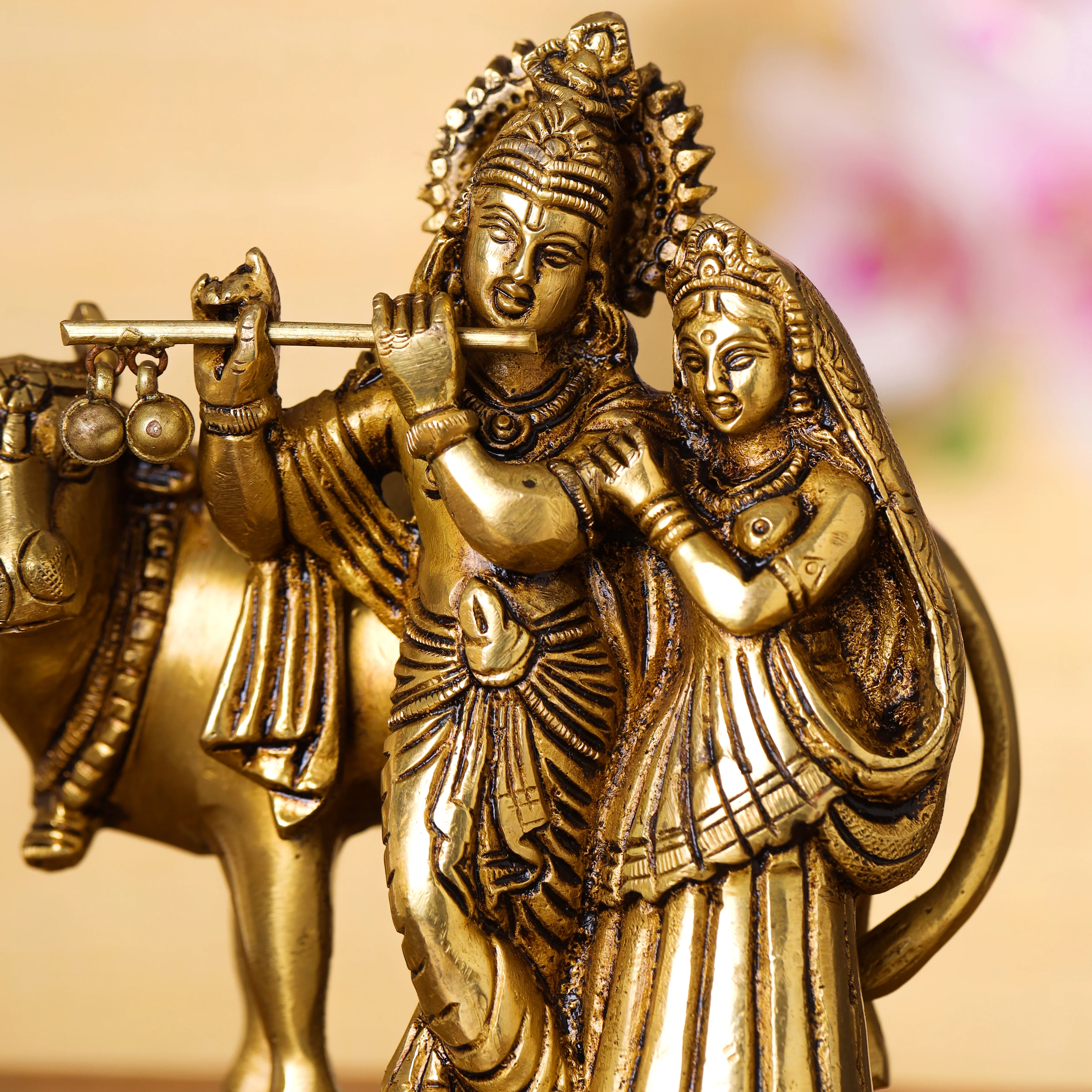 Brass Superfine Standing Radha Krishna With Cow Idol (6 Inch) - Image 4