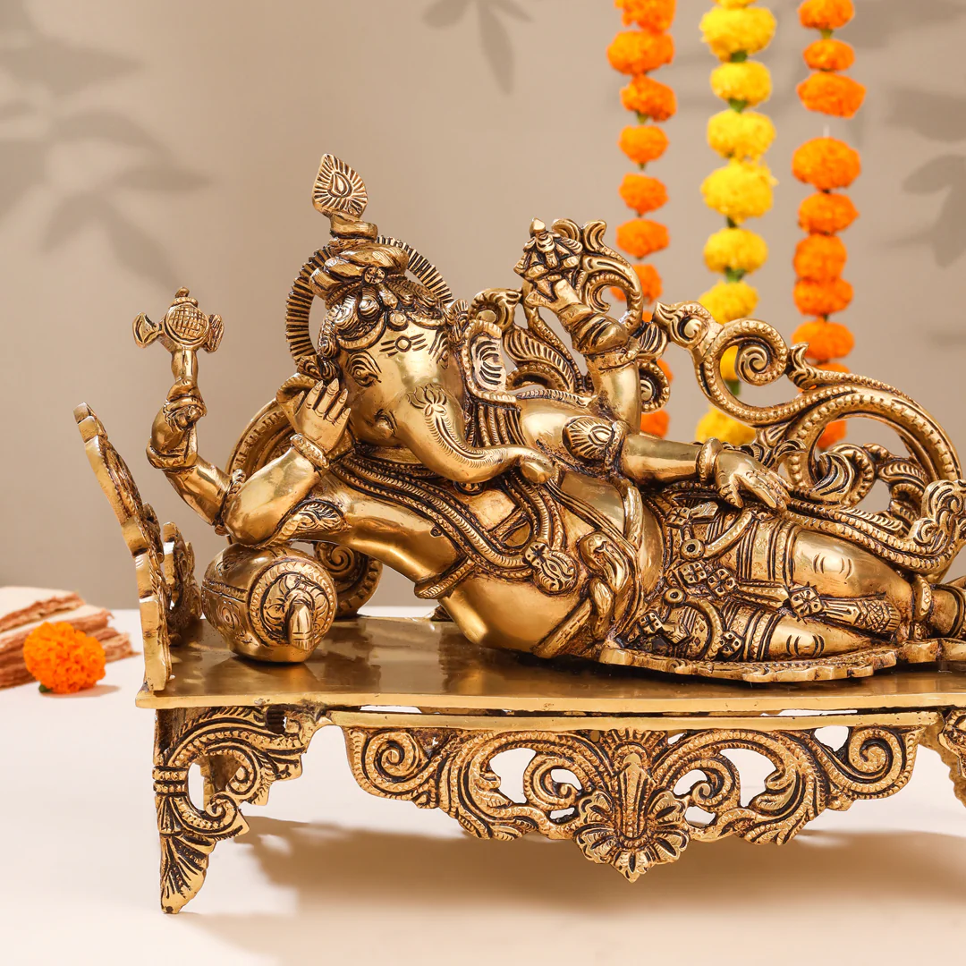 Brass Superfine Ganesha Resting On Couch (9 Inch) - Image 2