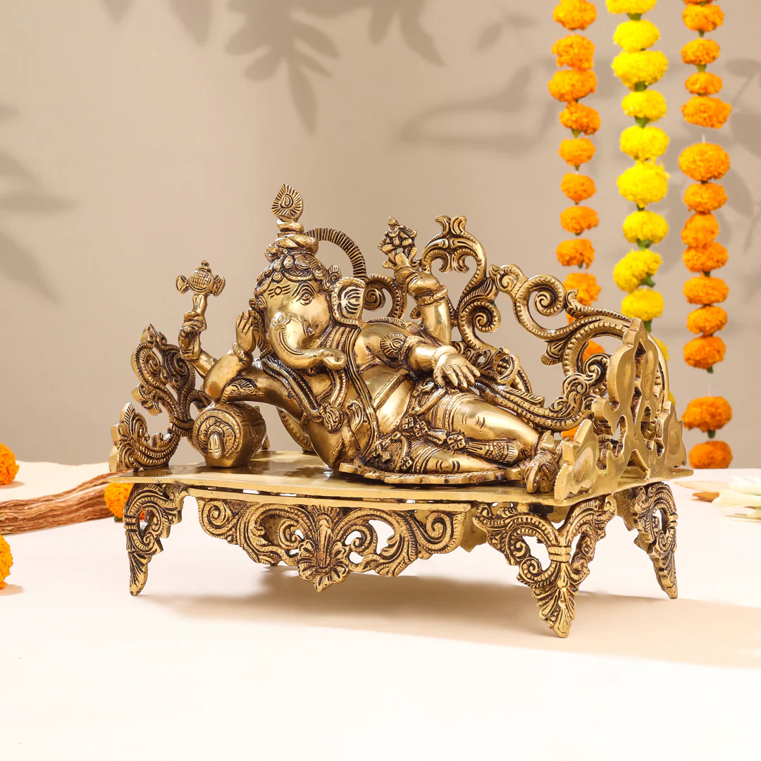 Brass Superfine Ganesha Resting On Couch (9 Inch) - Image 4
