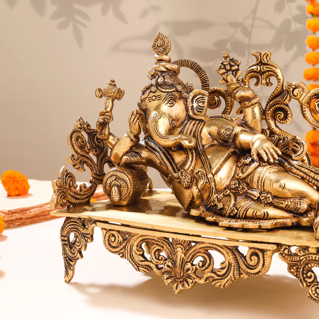 Brass Superfine Ganesha Resting On Couch (9 Inch) - Image 5