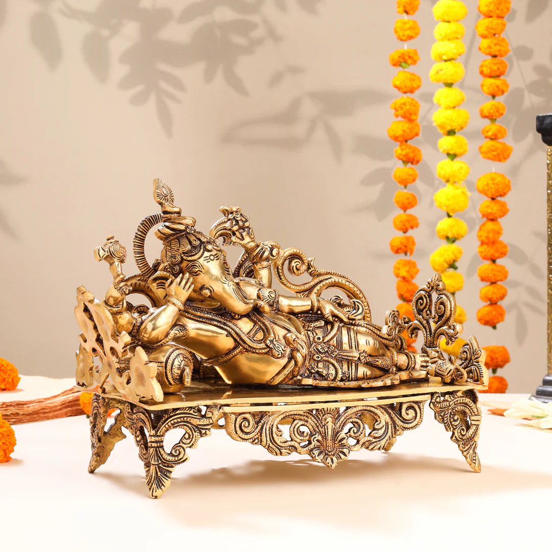Brass Superfine Ganesha Resting On Couch (9 Inch) - Image 6