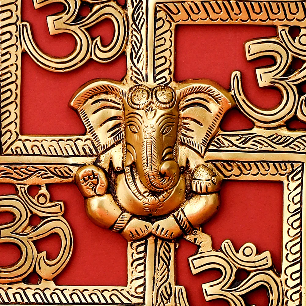 Brass Ganesha On Swastik With OM Wall Hanging (8.5 Inch) - Image 2