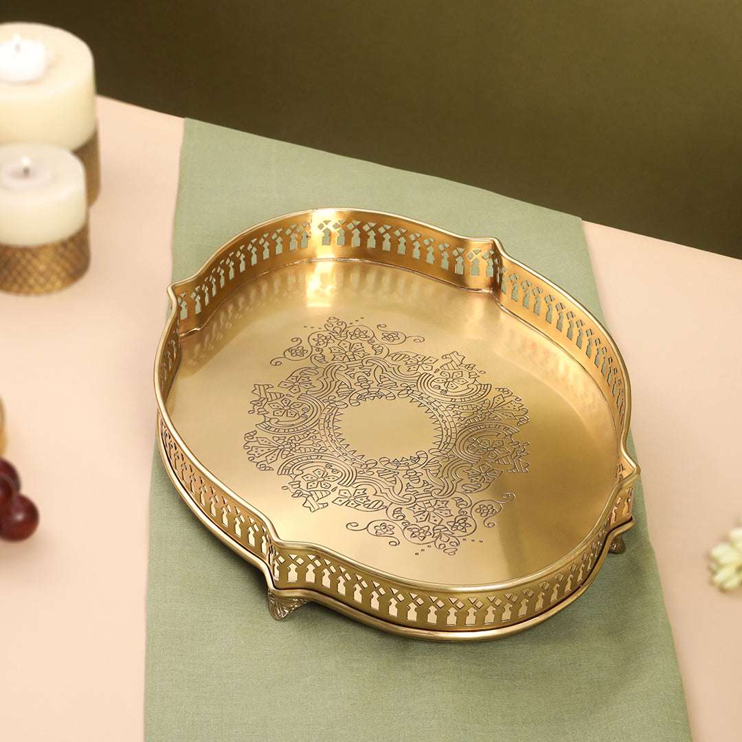 Brass Matt Oval Embossed Tray (12 Inch)