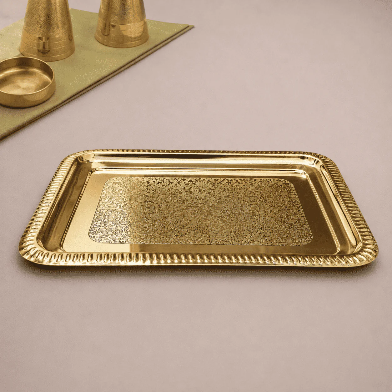 Brass Handcrafted Rectangular Tray - Image 5