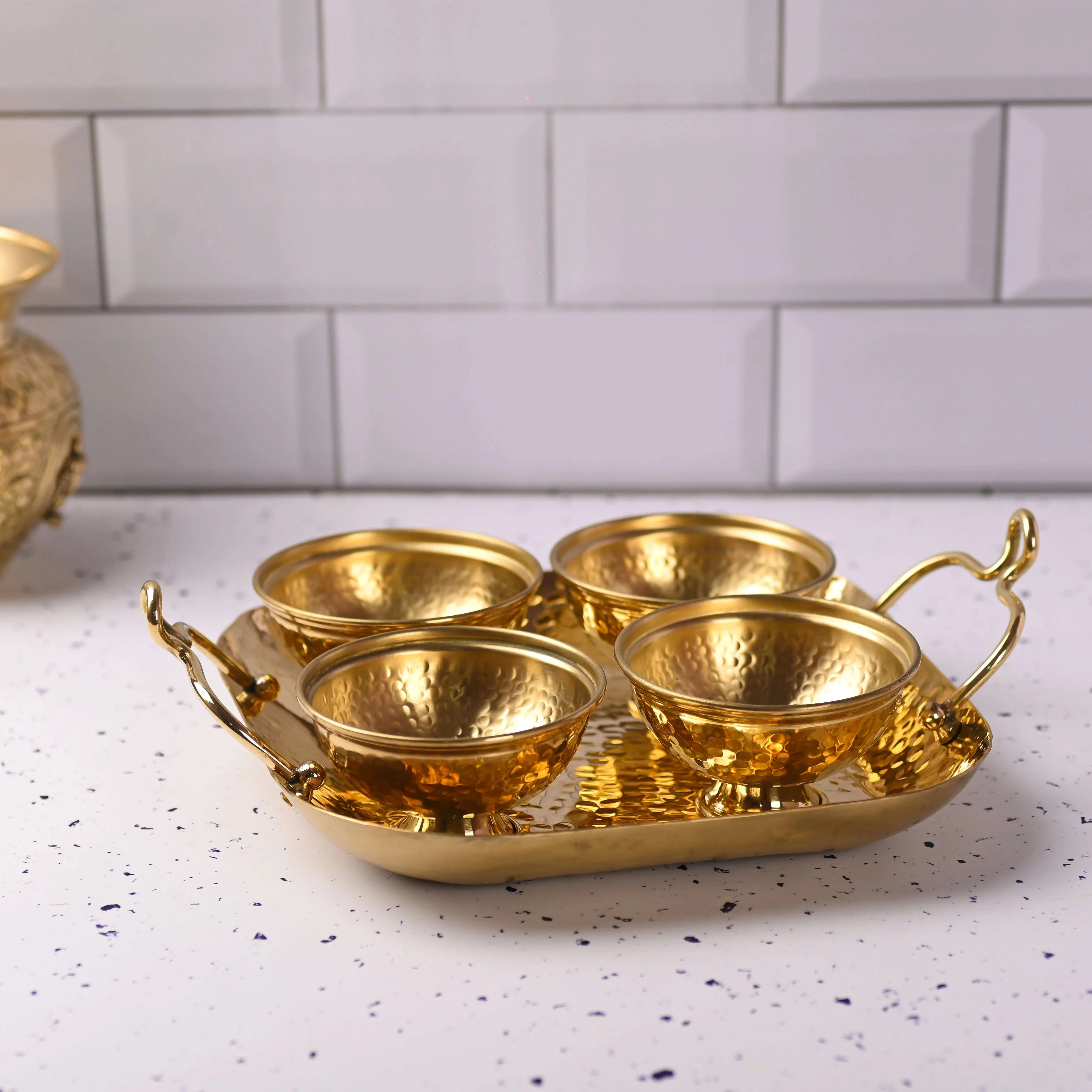 Brass Hammered Serving Tray With Bowl Set