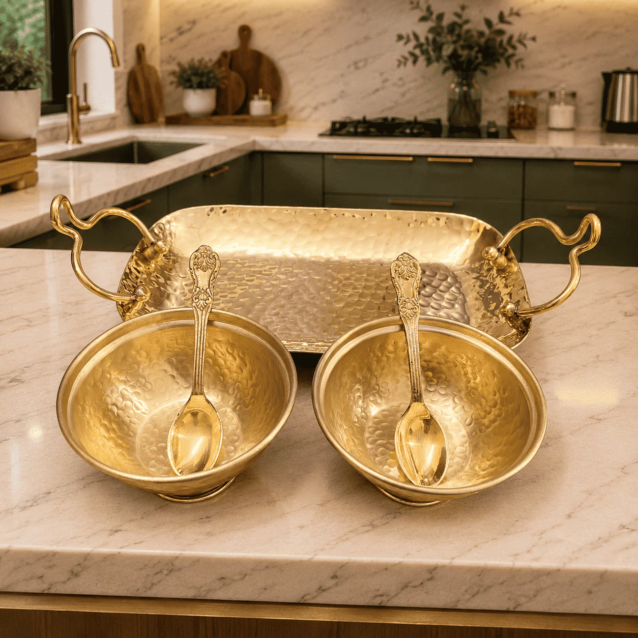 Brass Hammered Serving Tray With Bowl Set - Image 11