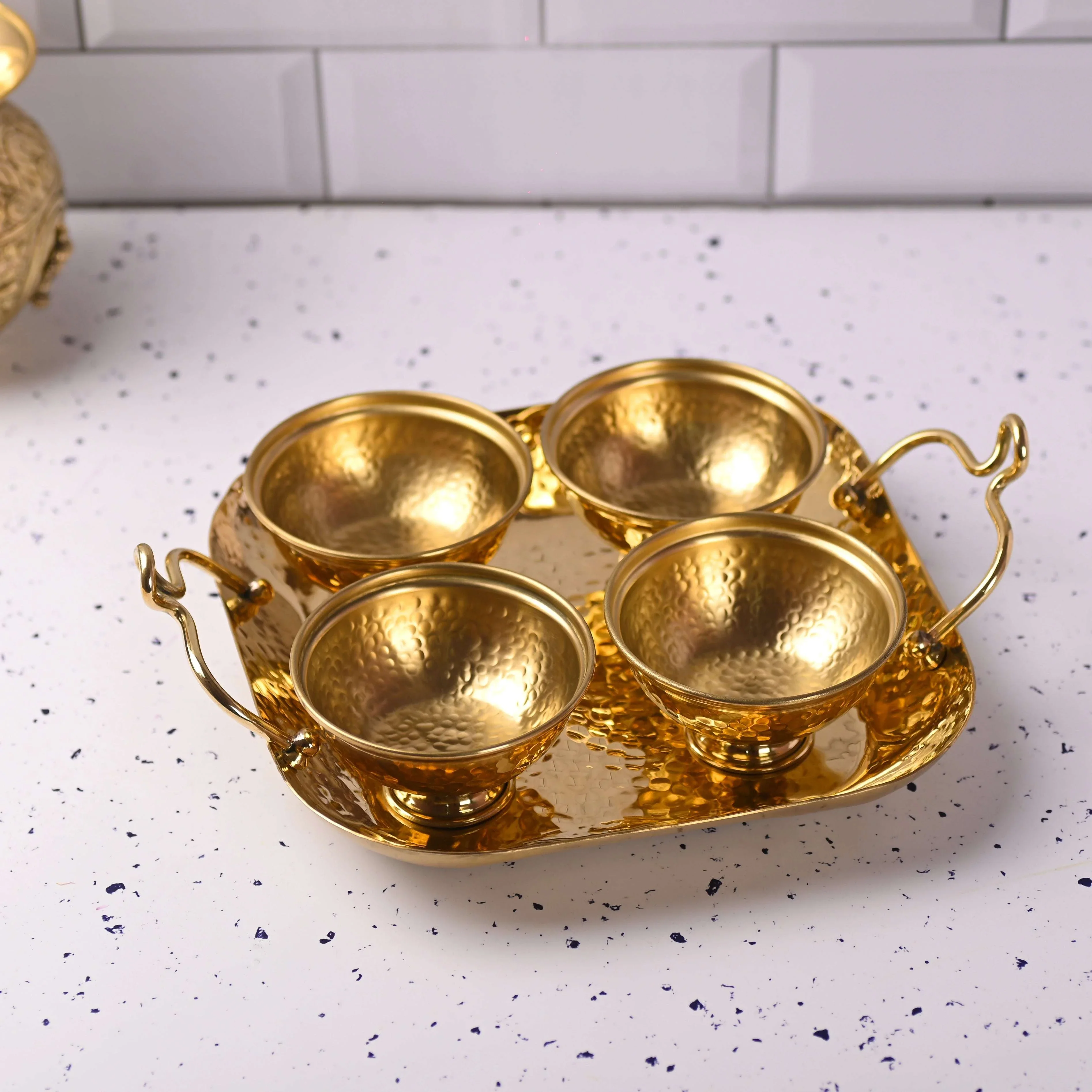 Brass Hammered Serving Tray With Bowl Set - Image 2