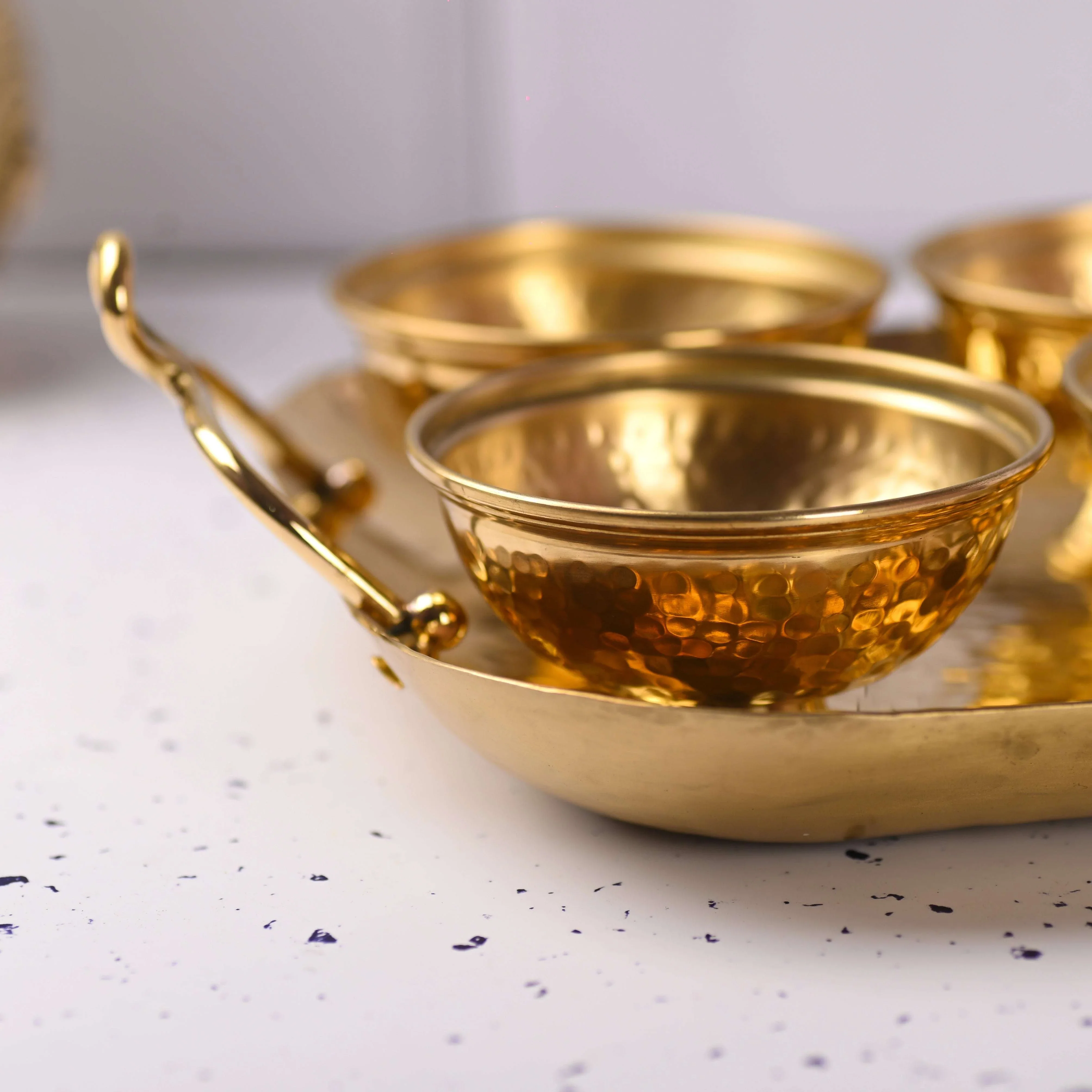 Brass Hammered Serving Tray With Bowl Set - Image 3