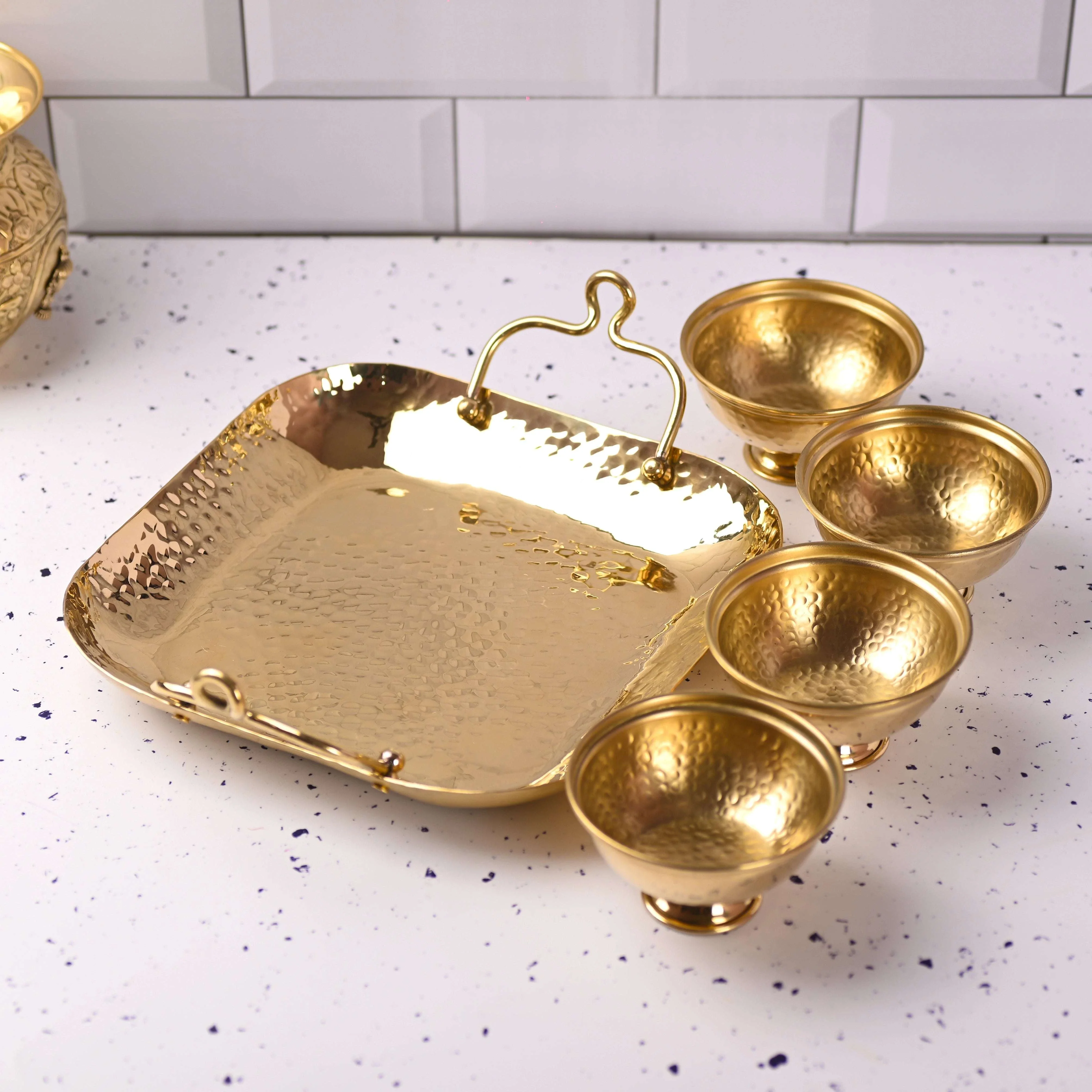 Brass Hammered Serving Tray With Bowl Set - Image 4