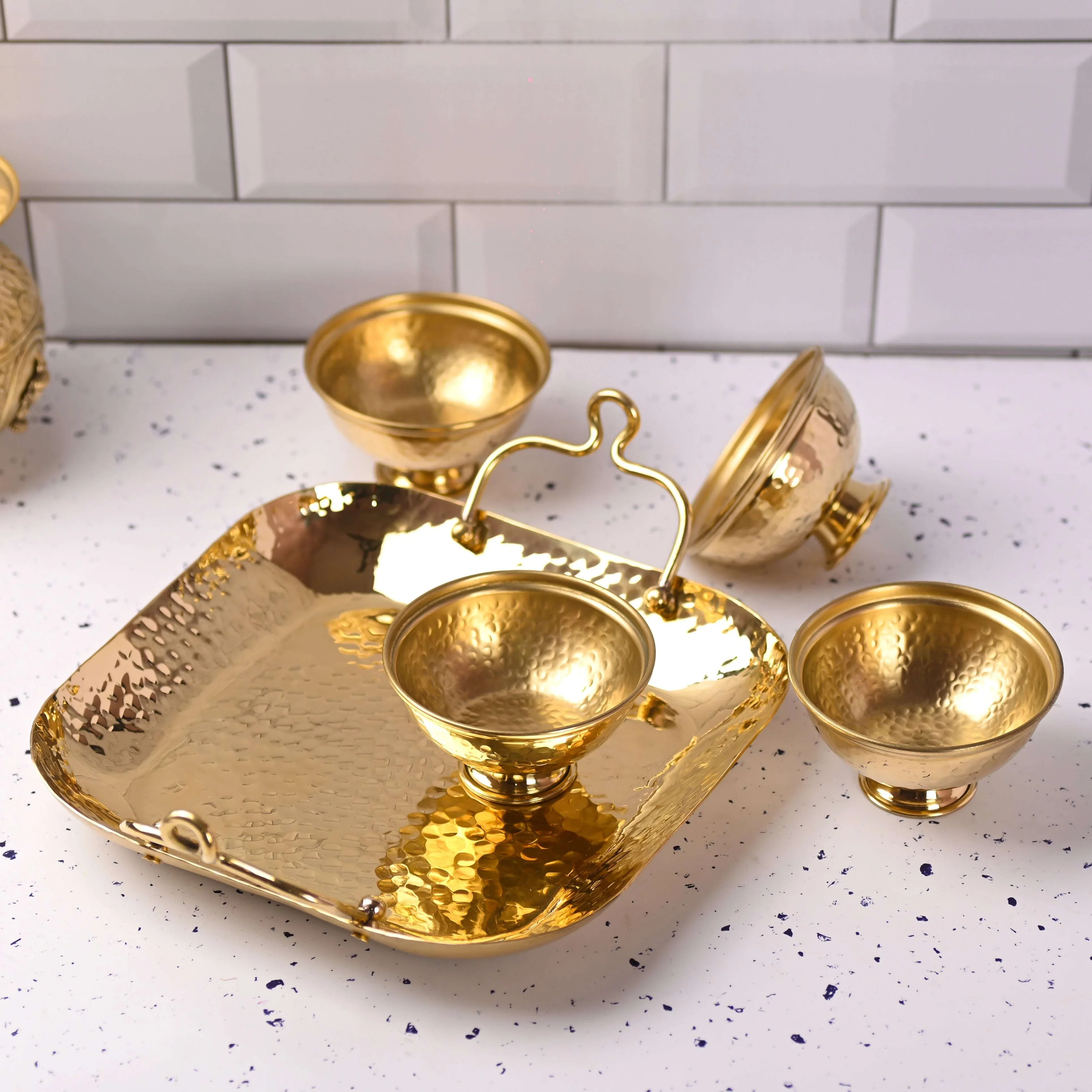 Brass Hammered Serving Tray With Bowl Set - Image 5