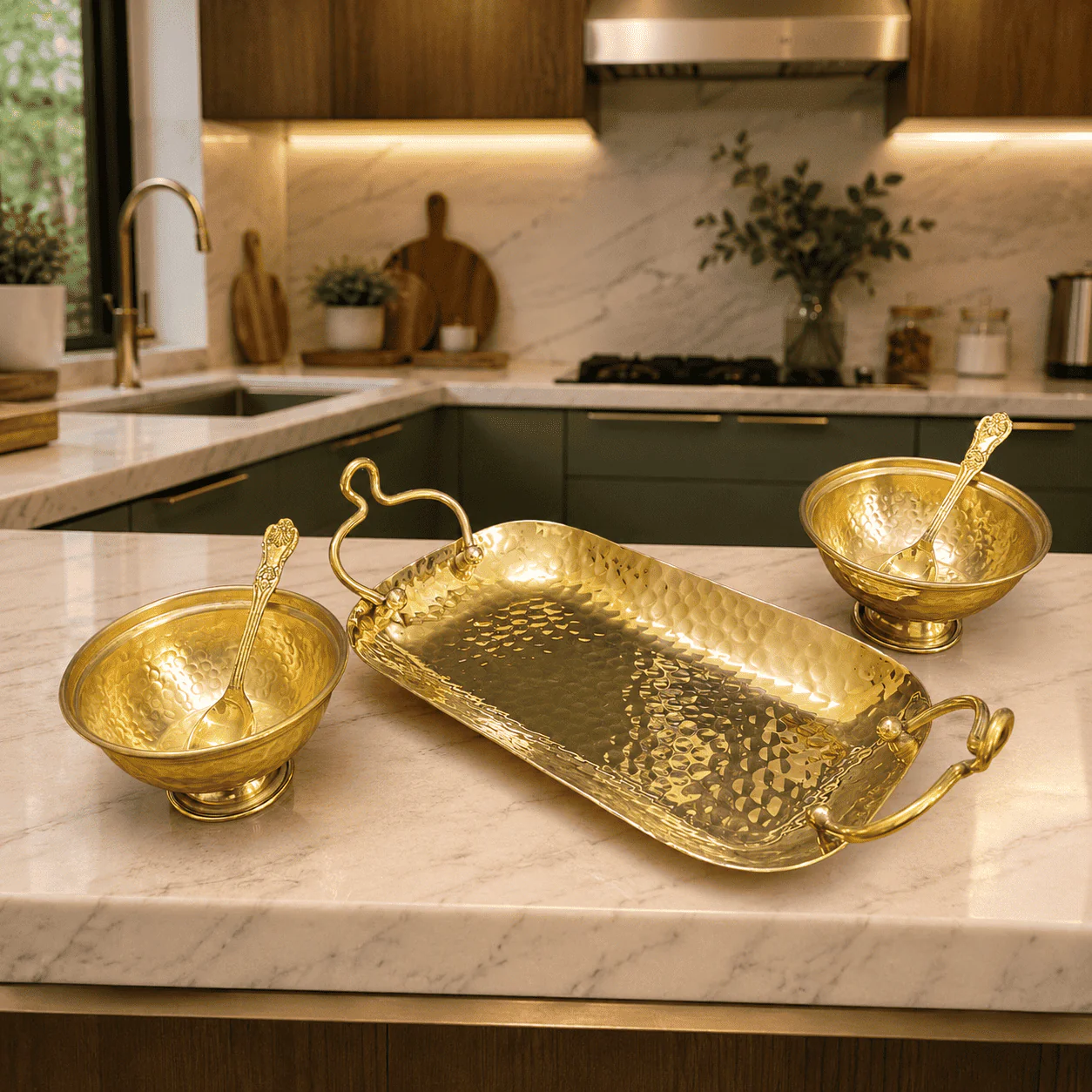 Brass Hammered Serving Tray With Bowl Set - Image 9