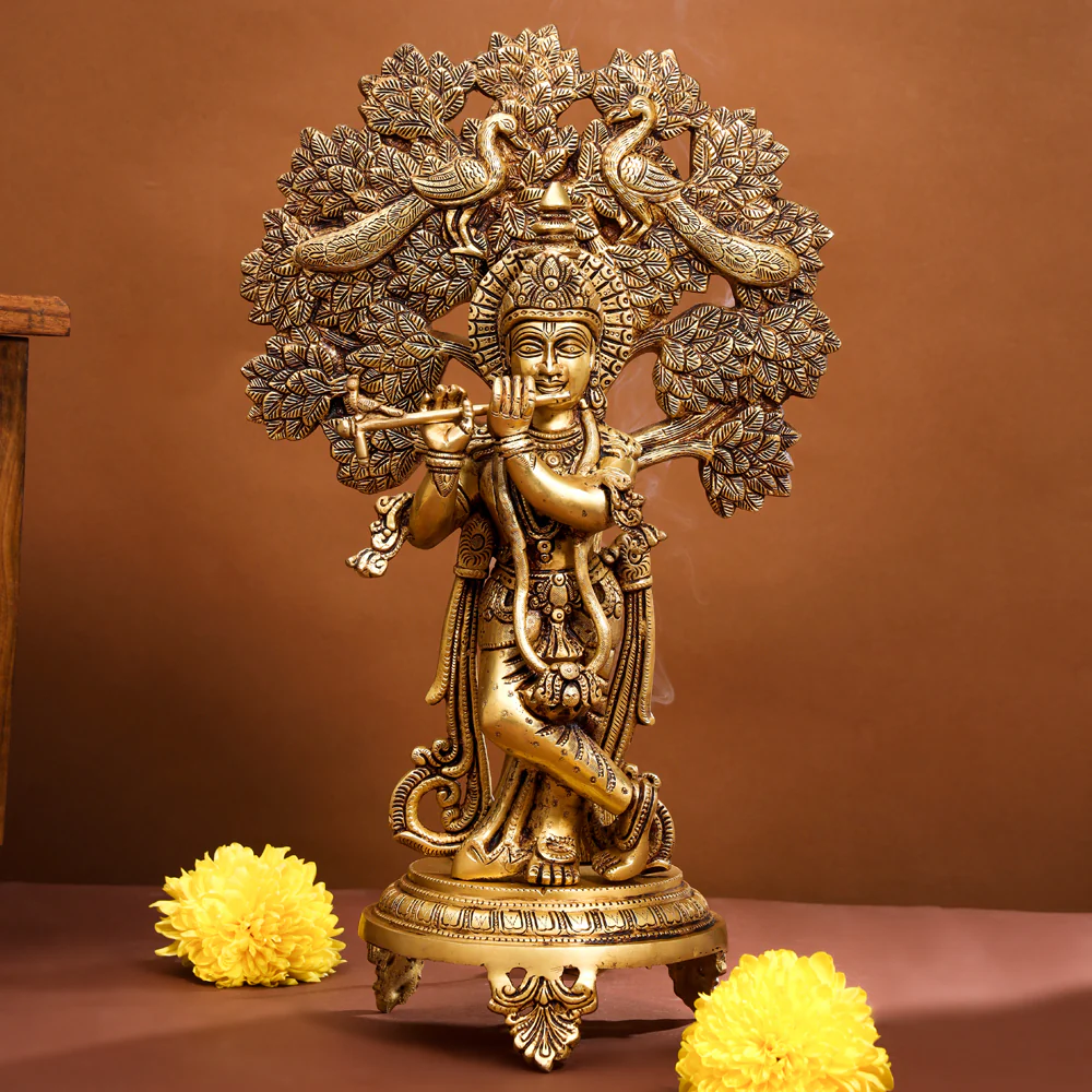Brass Standing Krishna Idol With Tree (18.5 Inch)
