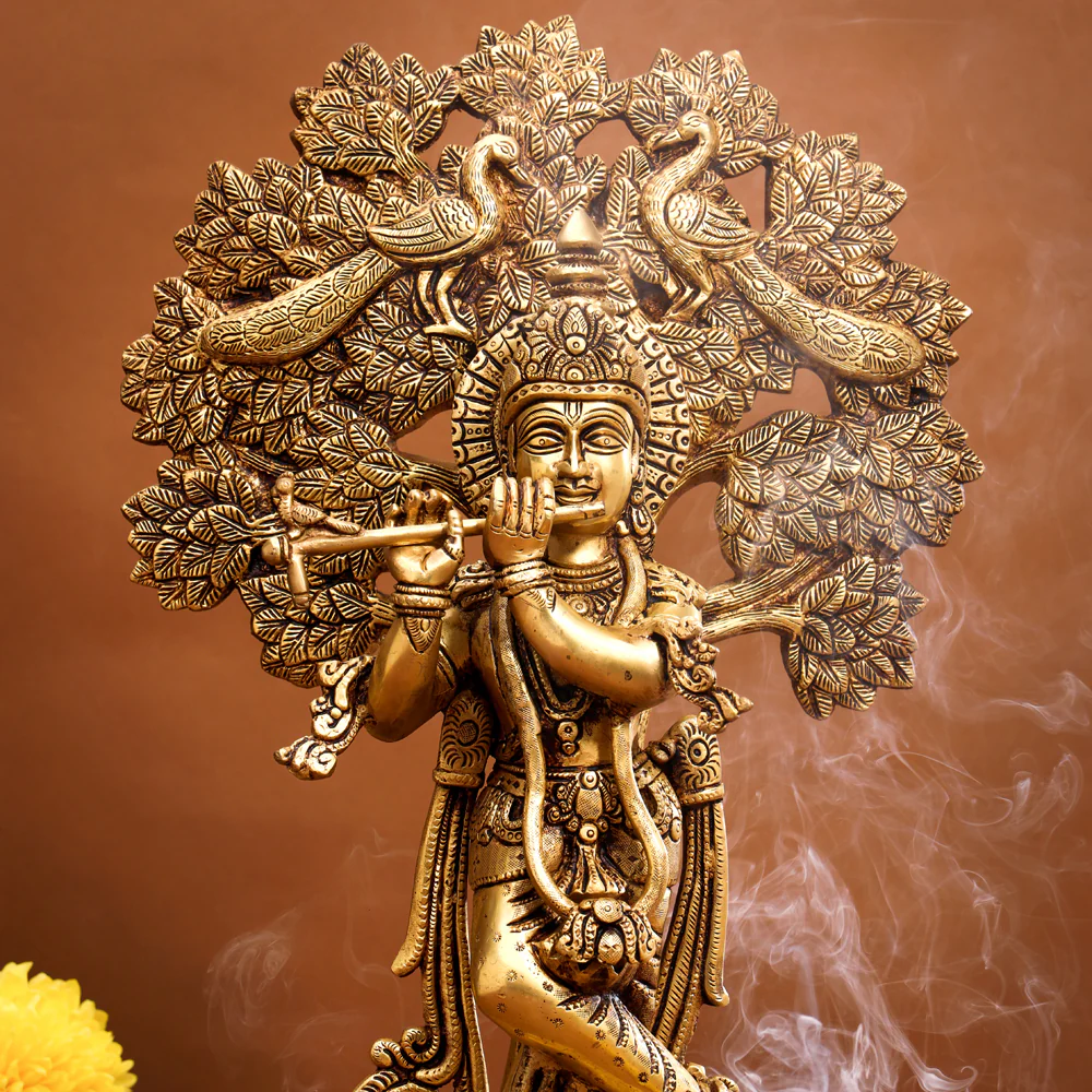Brass Standing Krishna Idol With Tree (18.5 Inch) - Image 3