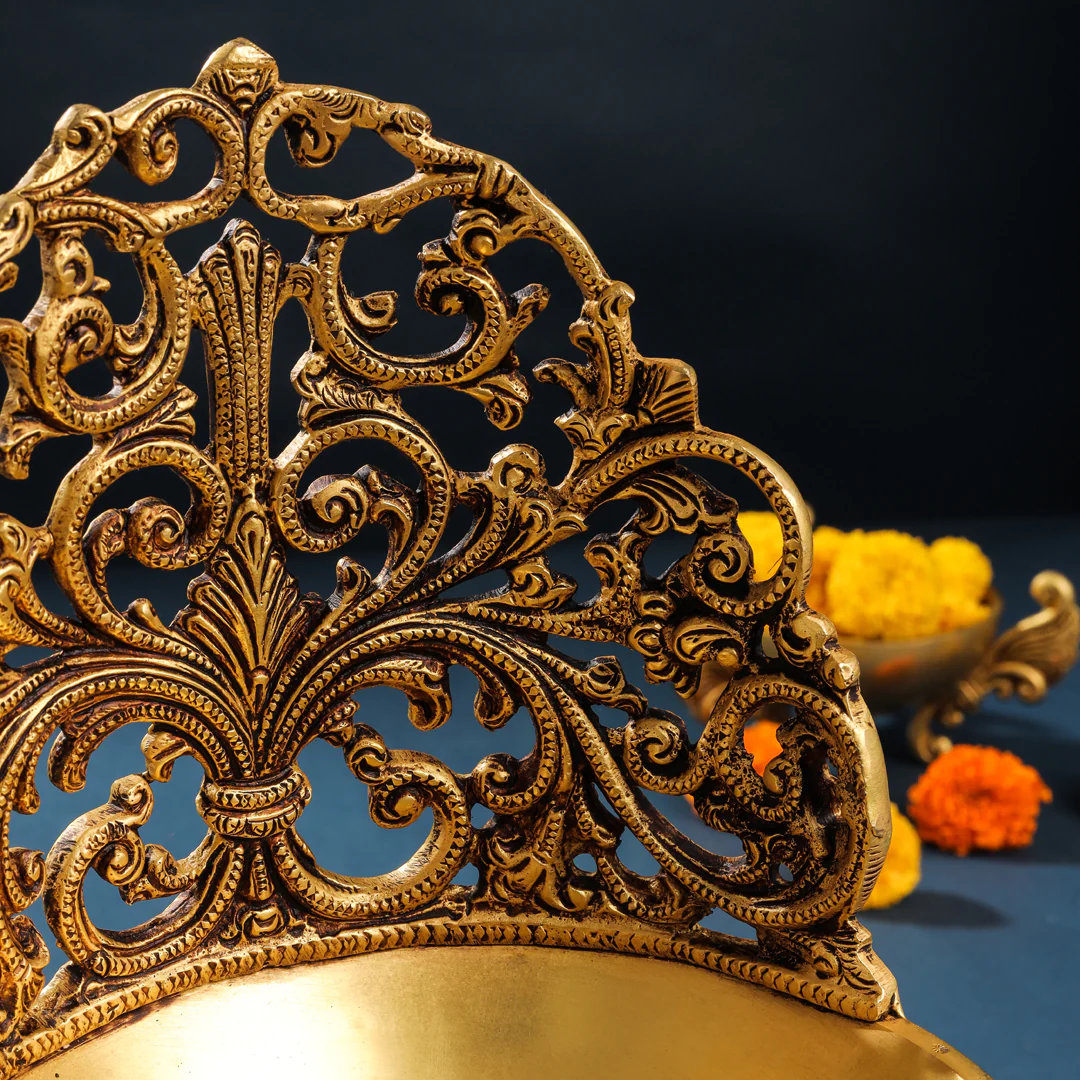 Brass Ethnic Handcarved Diya Lamp (12 Inch) - Image 4