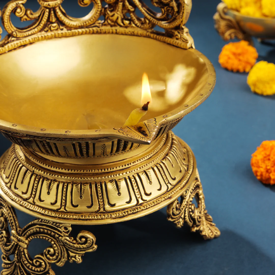 Brass Ethnic Handcarved Diya Lamp (12 Inch) - Image 5