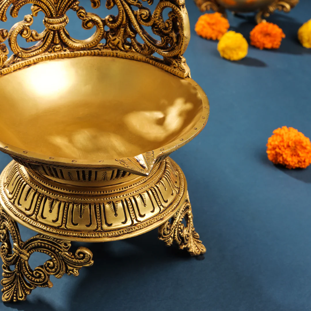 Brass Ethnic Handcarved Diya Lamp (12 Inch) - Image 6