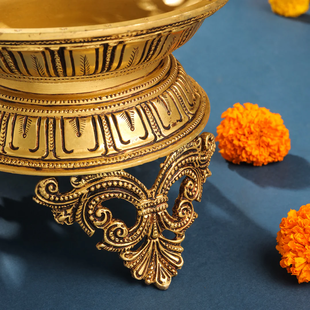 Brass Ethnic Handcarved Diya Lamp (12 Inch) - Image 7