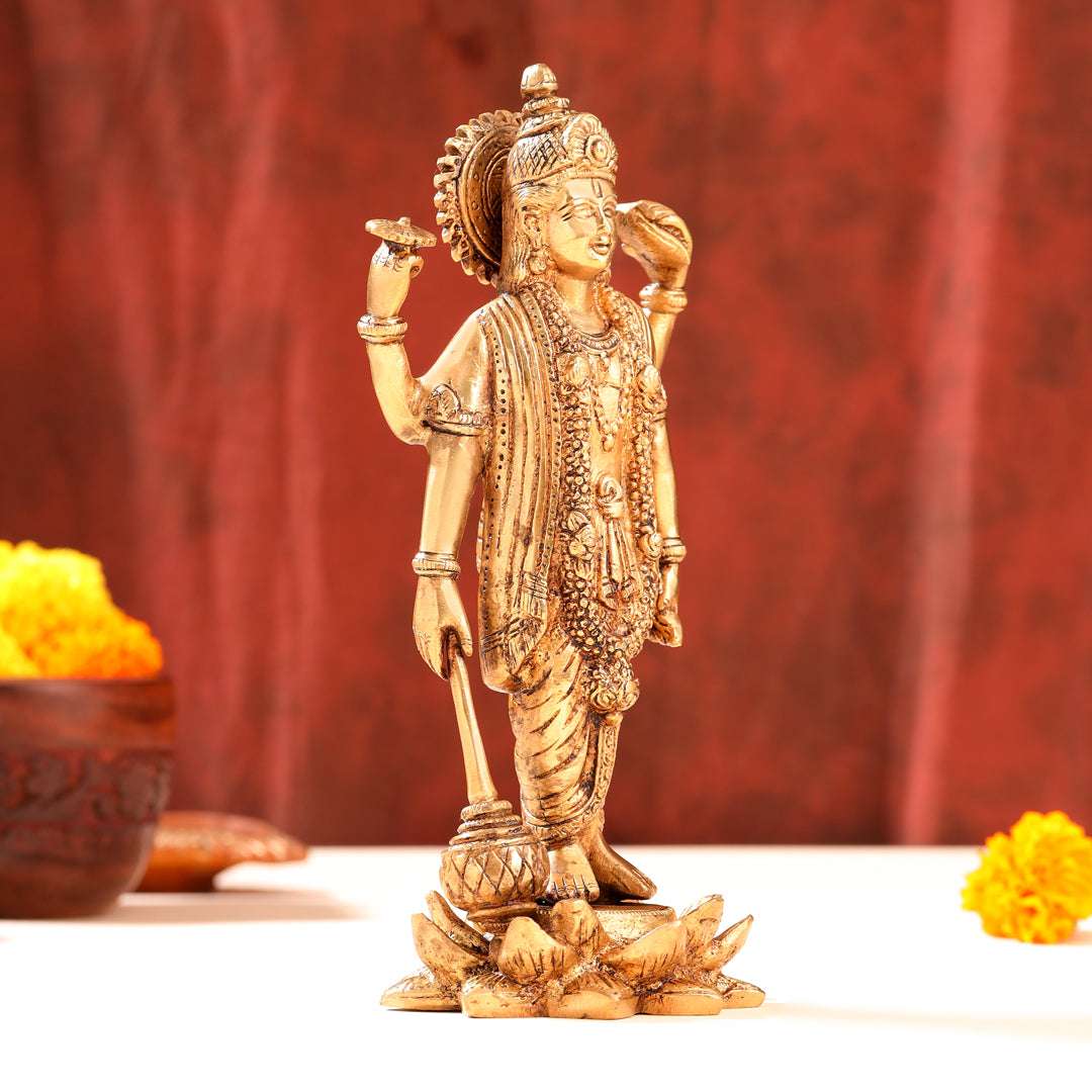 Brass Lord Vishnu Idol On Lotus (9 Inch) - Image 6
