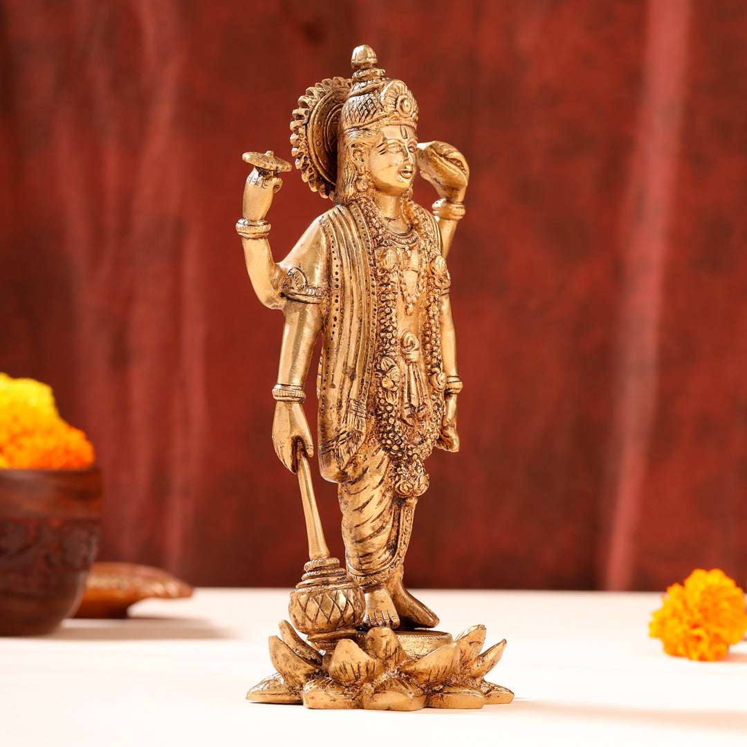 Brass Lord Vishnu Idol On Lotus (9 Inch) - Image 7