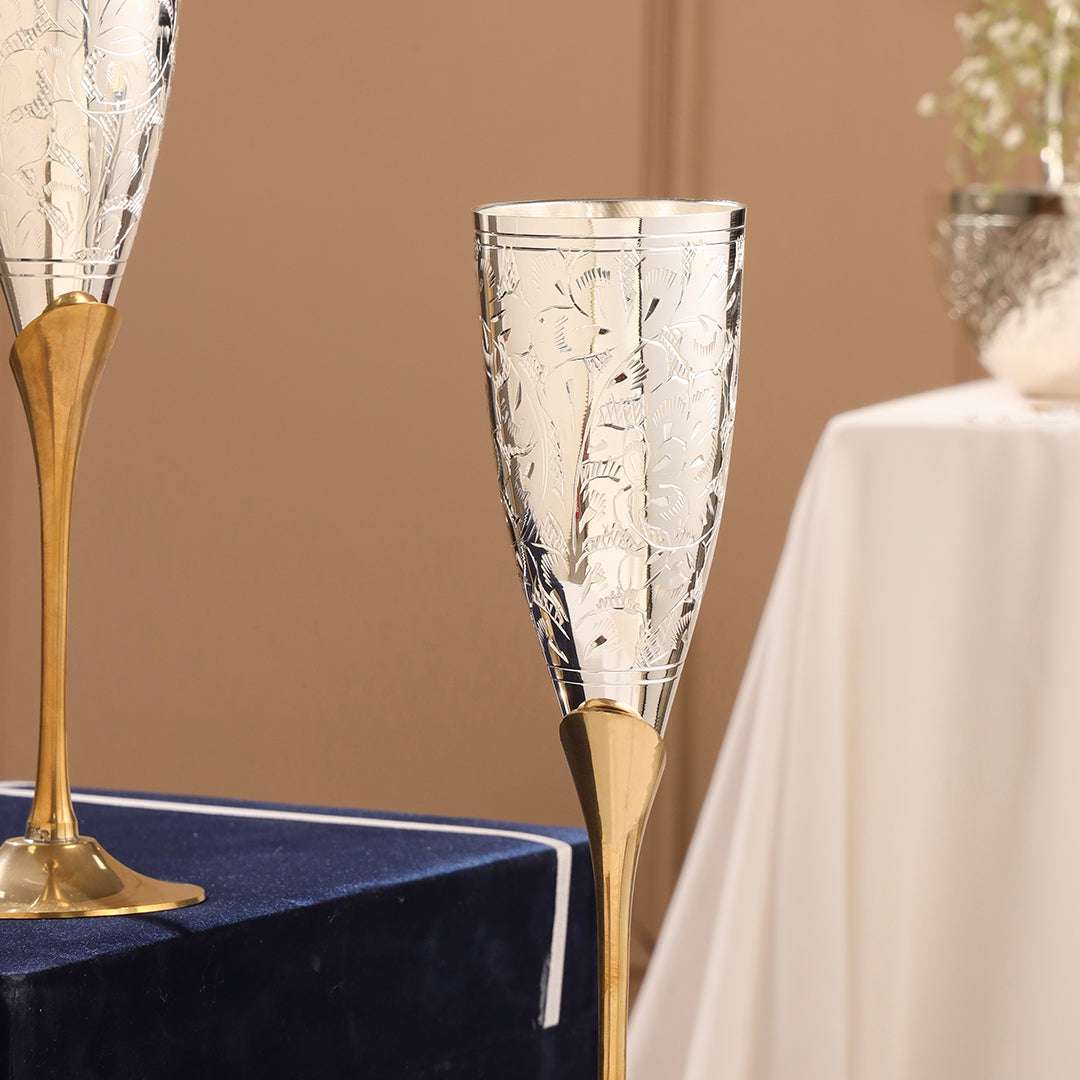 Brass Silver Plated Champagne Engraved Wine Glass Pair With Velvet Box - Image 3
