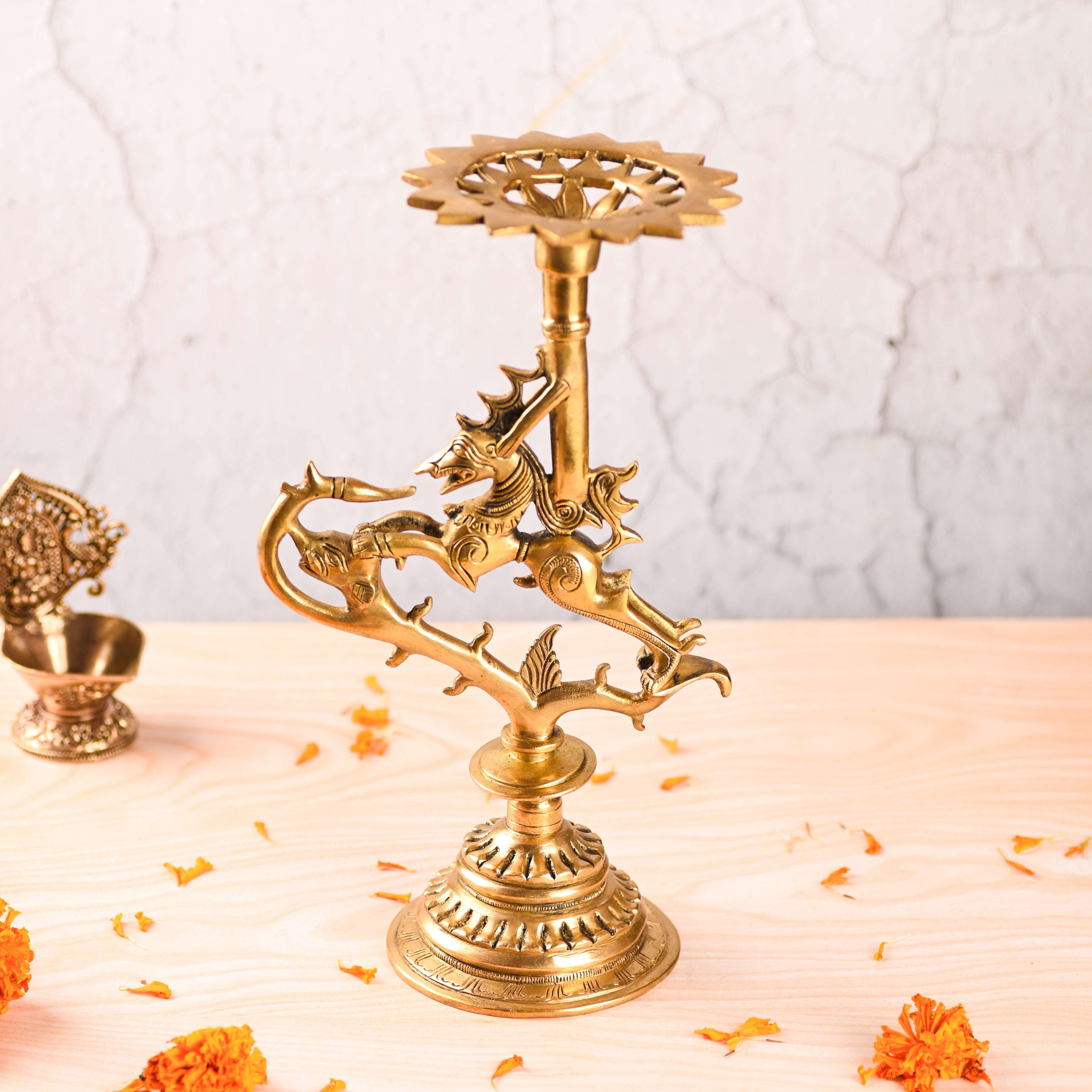 Brass Yali/kirtimukha Candle Stand (12.5 Inch) - Image 2