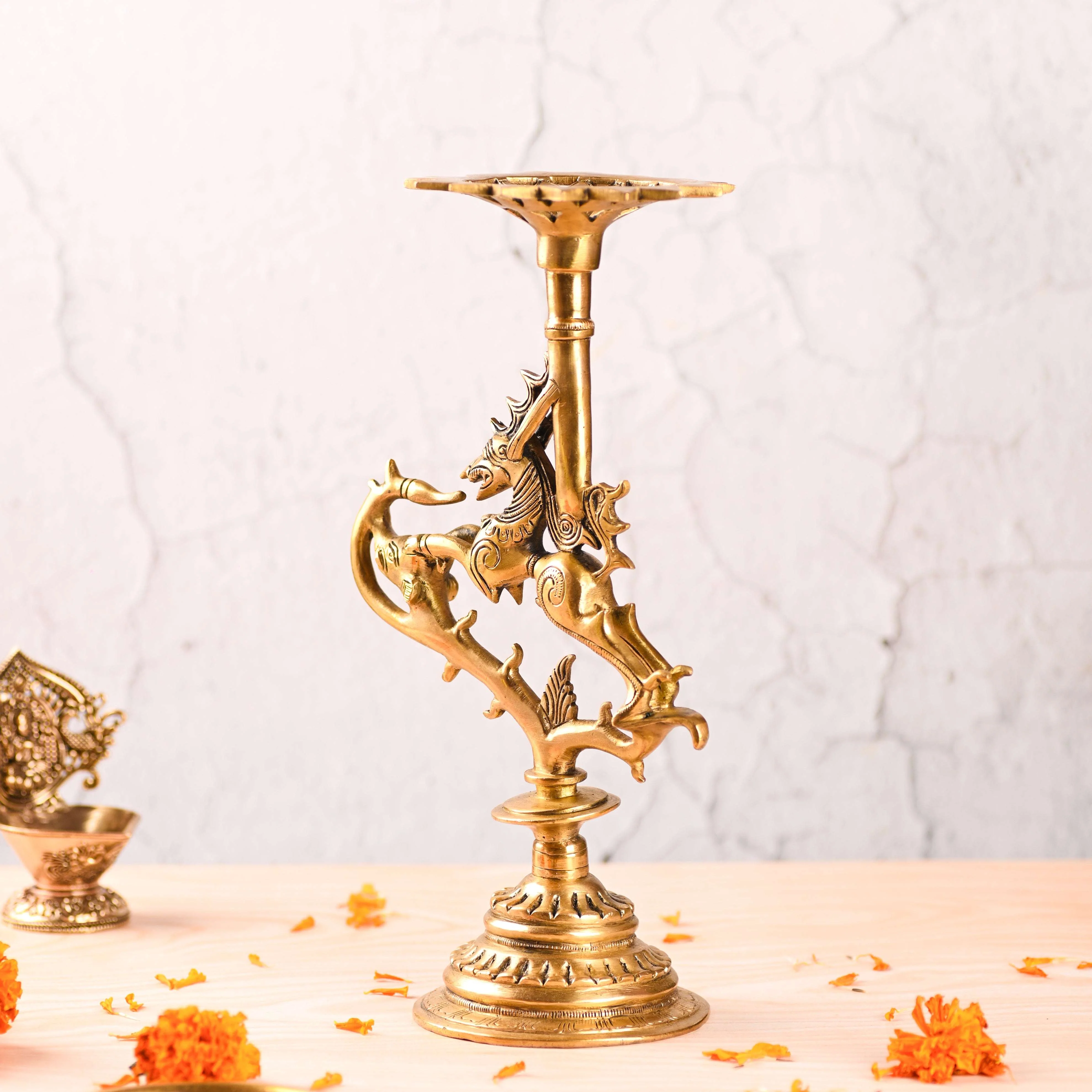 Brass Yali/kirtimukha Candle Stand (12.5 Inch) - Image 4